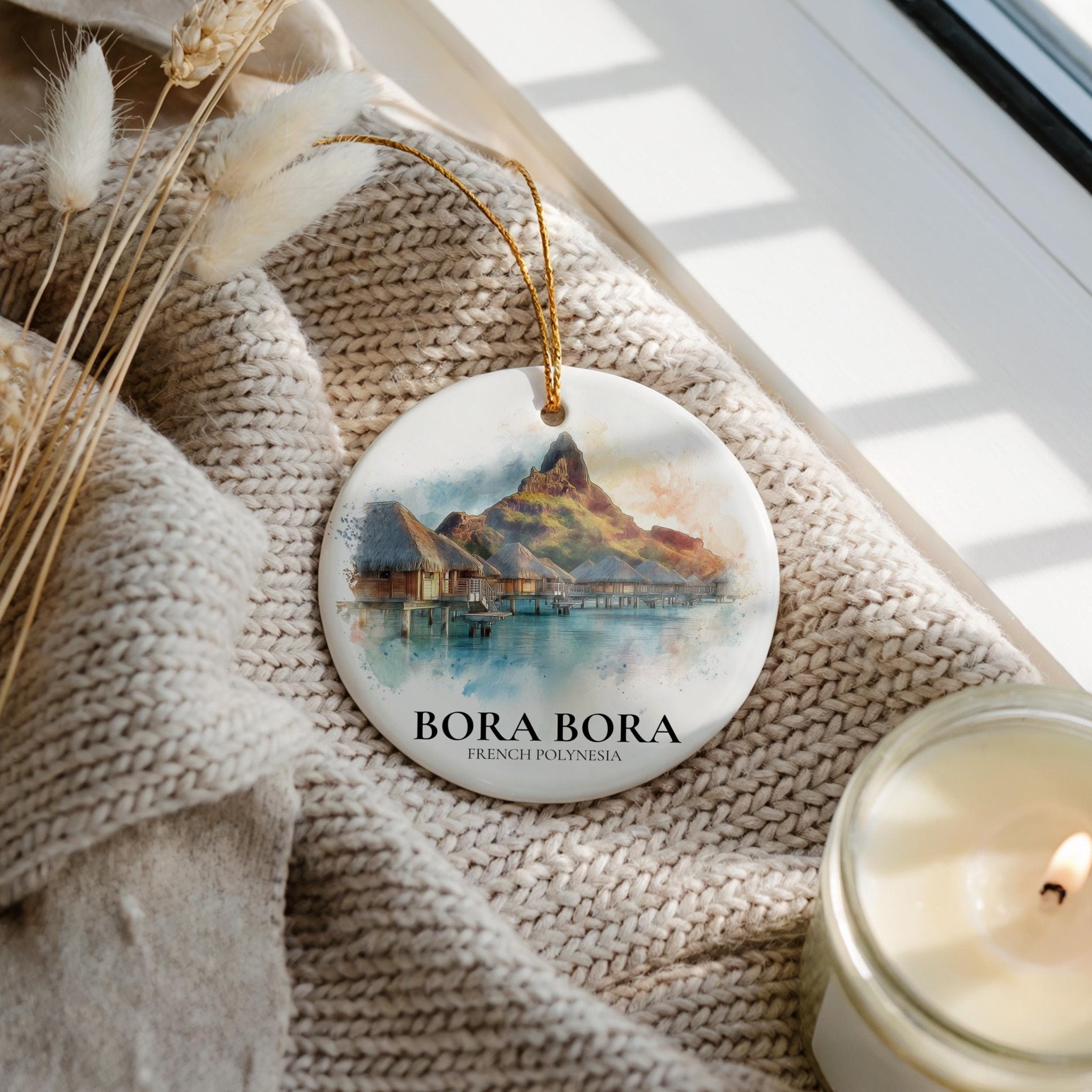 Bora Bora French Polynesia Personalized Watercolor Ornament, Custom Ceramic Christmas gift, Travel Keepsake - CuteBeePix