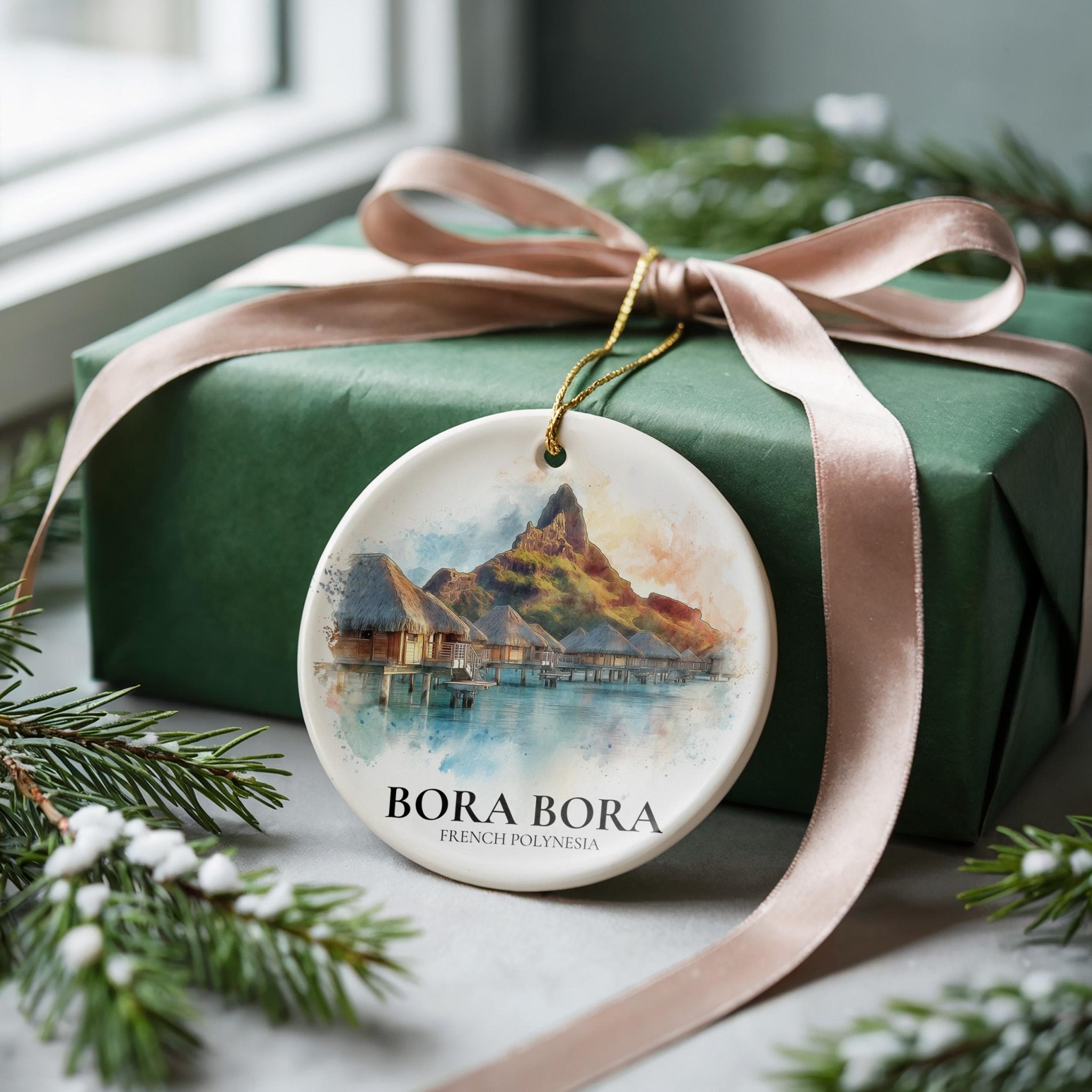 Bora Bora French Polynesia Personalized Watercolor Ornament, Custom Ceramic Christmas gift, Travel Keepsake - CuteBeePix