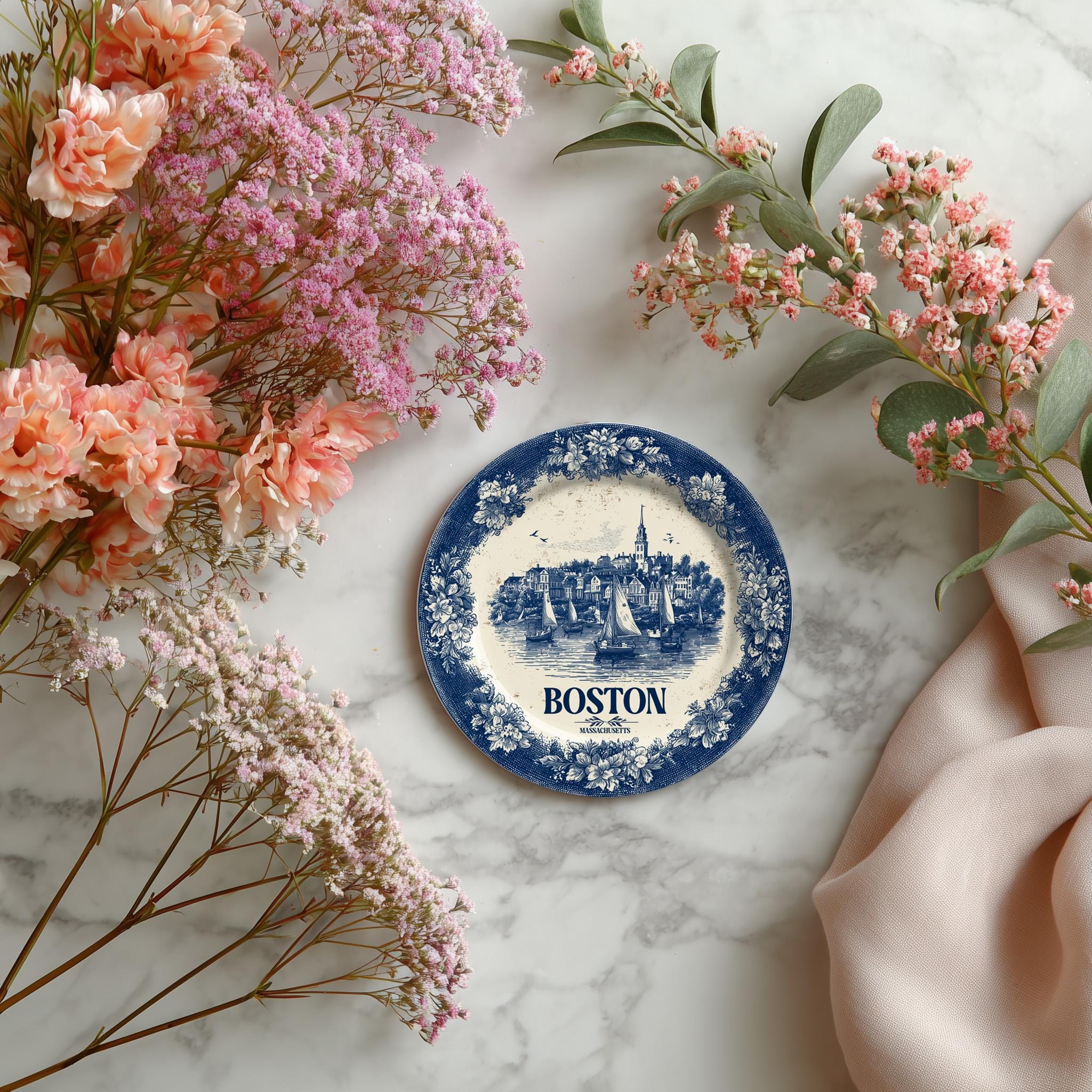 Boston Massachusetts Ceramic Coaster Delftware, Blue White Travel Gift, Vintage Home Decor Collectible - CuteBeePix