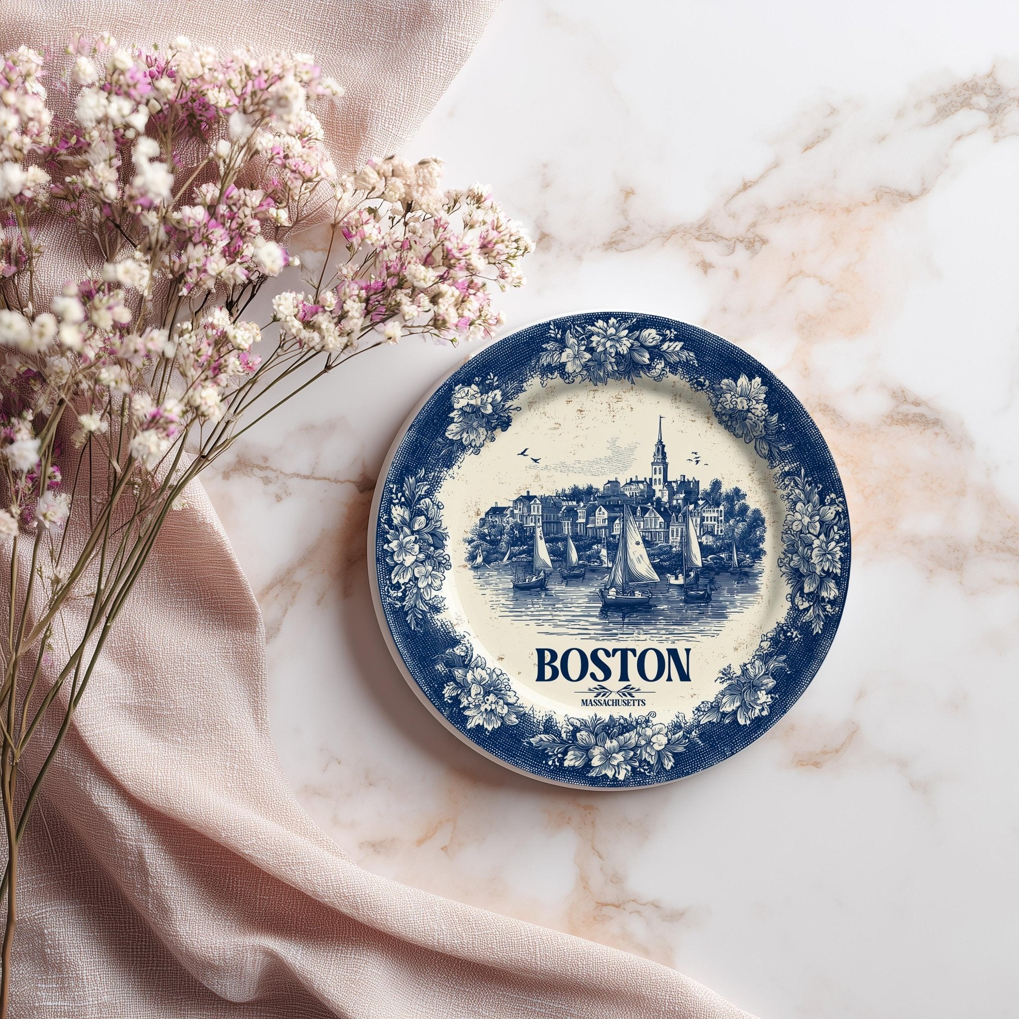 Boston Massachusetts Ceramic Coaster Delftware, Blue White Travel Gift, Vintage Home Decor Collectible - CuteBeePix