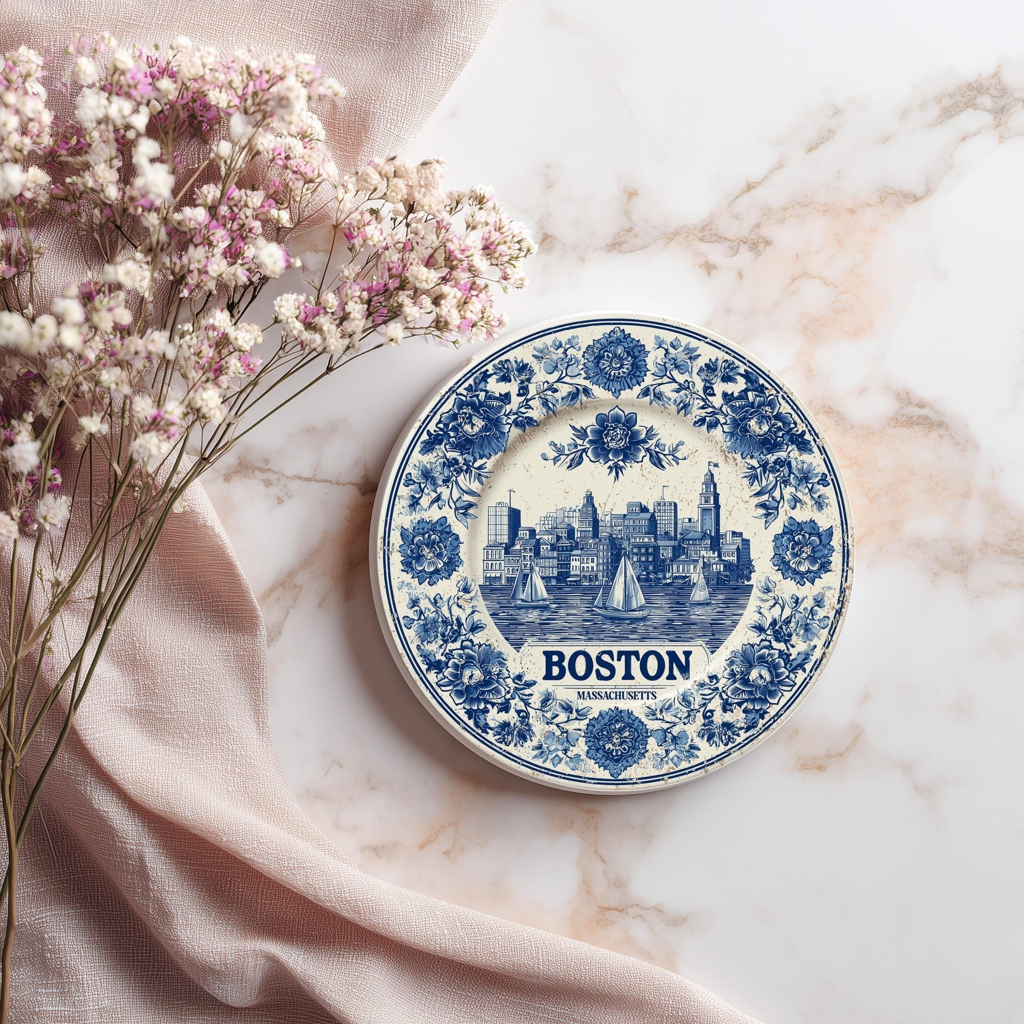 Boston Massachusetts Delftware Ceramic Coaster, Blue White Travel Gift, Vintage Home Decor Collectible - CuteBeePix