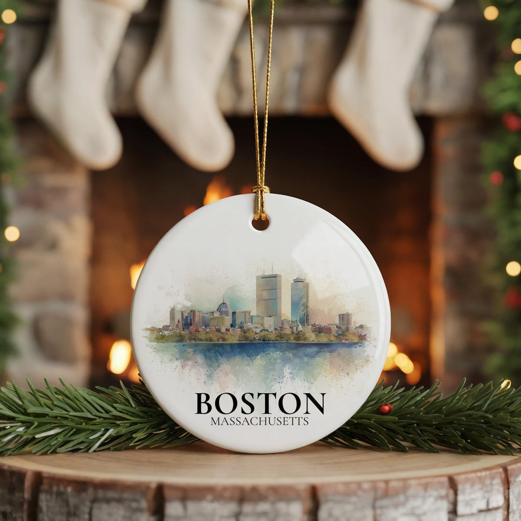 Boston Massachusetts Personalized Watercolor Ornament, Custom Ceramic Christmas gift, Travel Keepsake - CuteBeePix