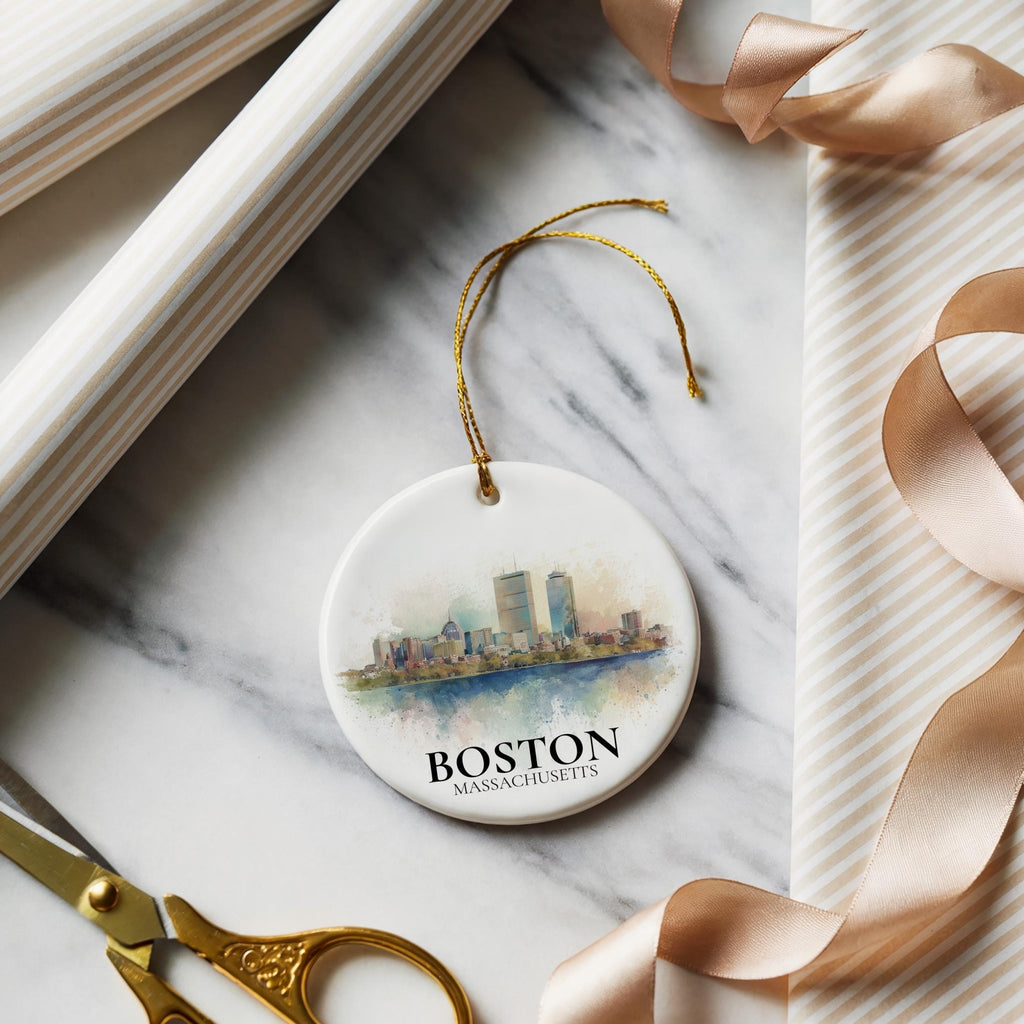 Boston Massachusetts Personalized Watercolor Ornament, Custom Ceramic Christmas gift, Travel Keepsake - CuteBeePix