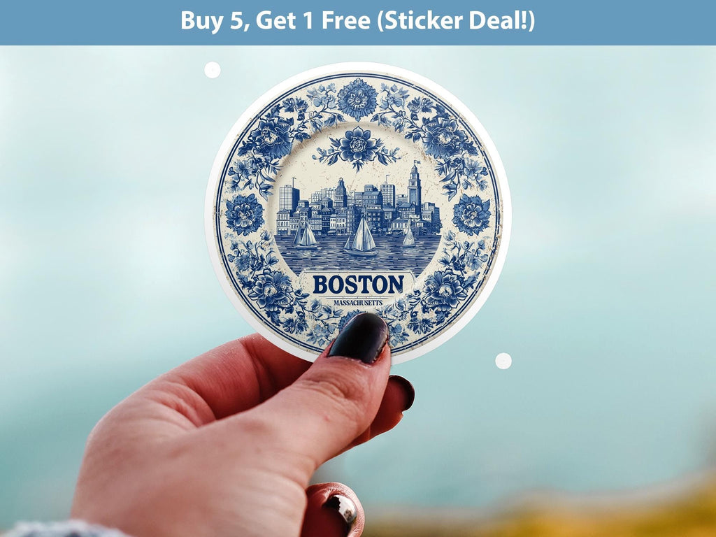 Boston Massachusetts Sticker Vintage Delft style, Delftware Decal Waterproof Vinyl, Blue City Travel Collection - CuteBeePix