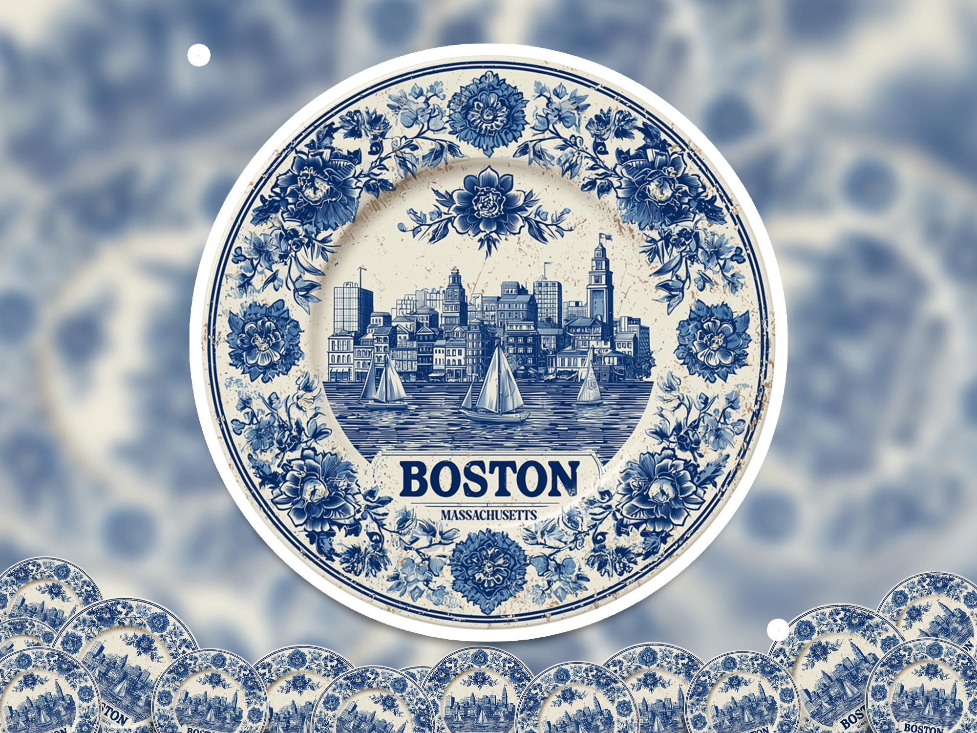 Boston Massachusetts Sticker Vintage Delft style, Delftware Decal Waterproof Vinyl, Blue City Travel Collection - CuteBeePix