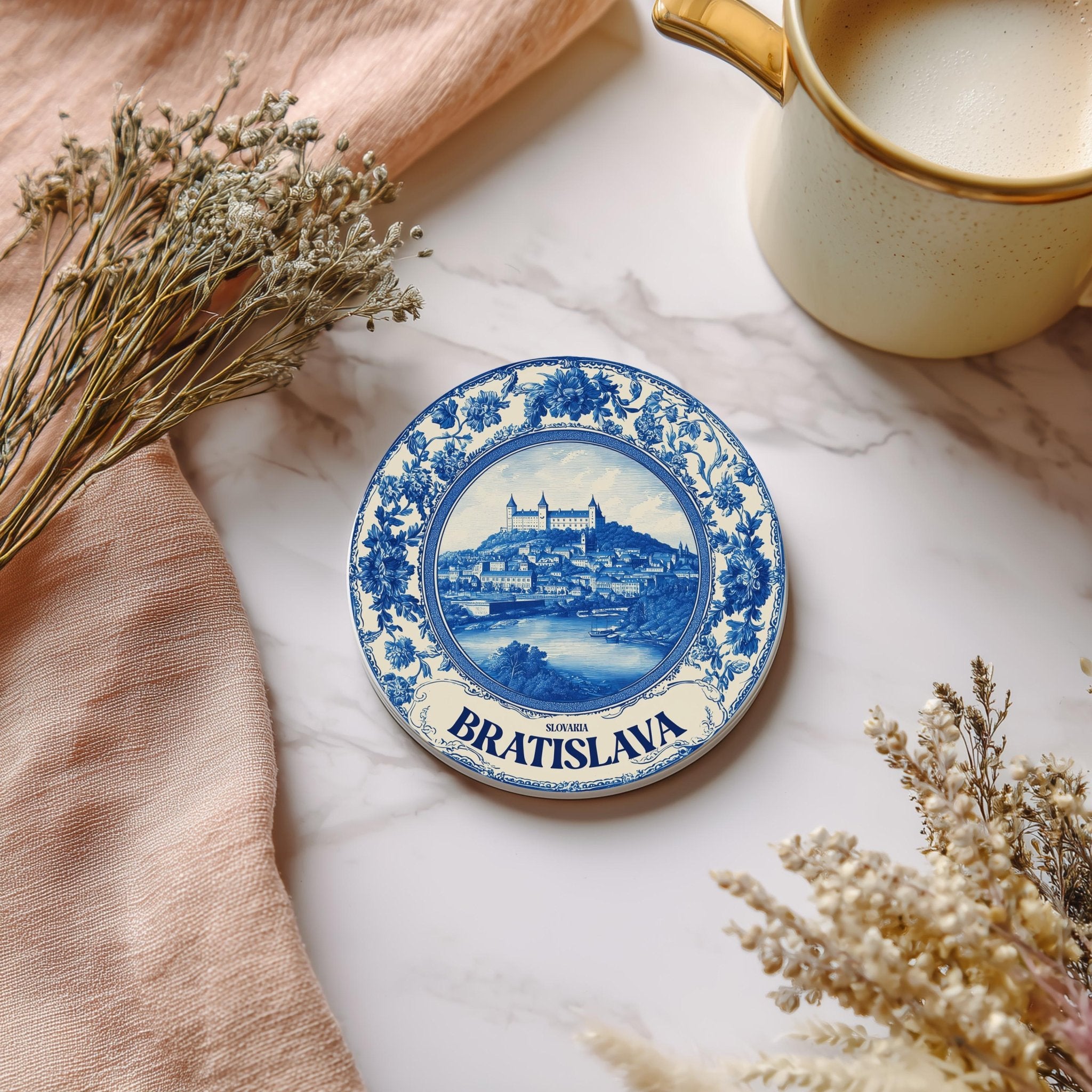 Bratislava Slovakia Delftware Ceramic Coaster, Blue White Travel Gift, Vintage Home Decor Collectible - CuteBeePix