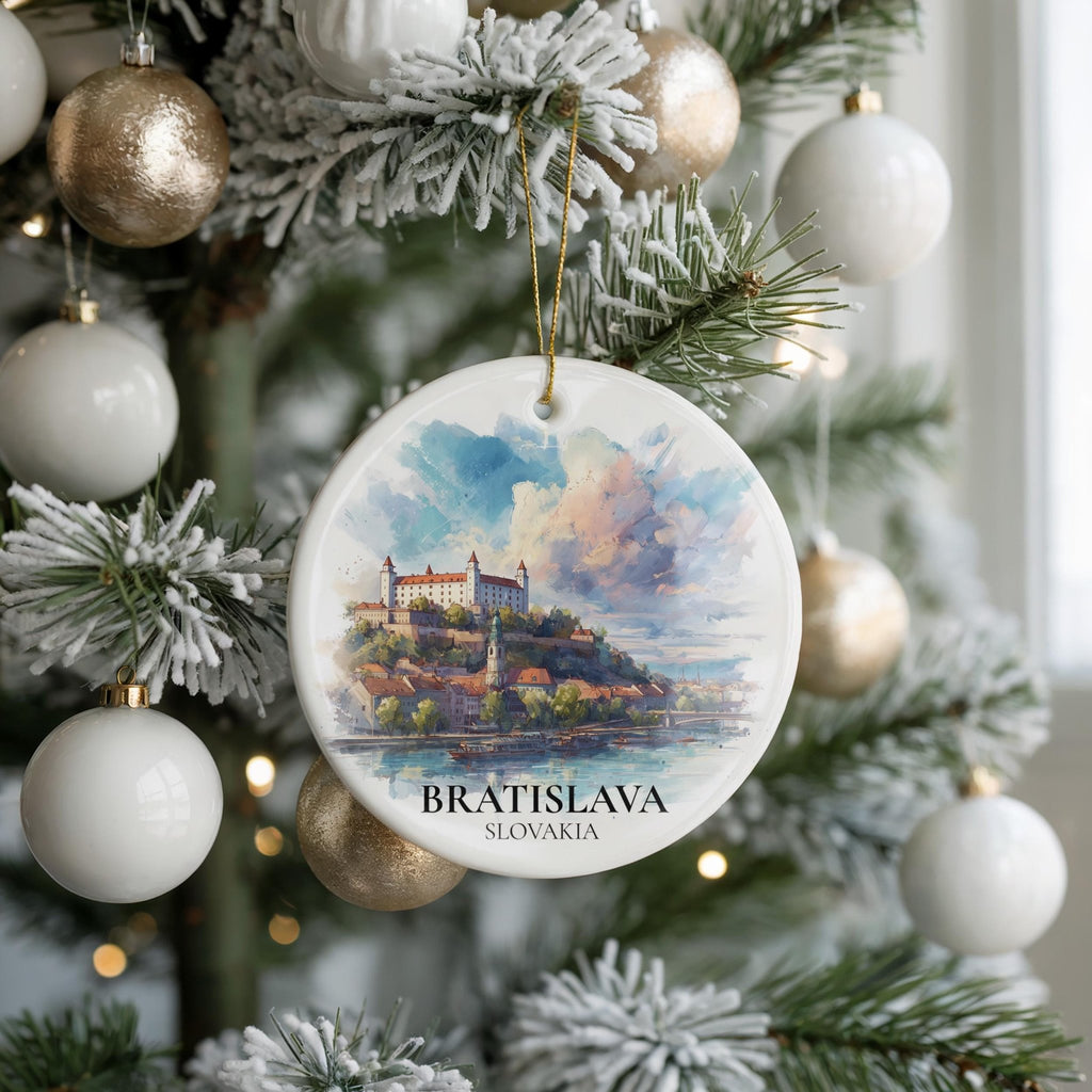 Bratislava Slovakia Personalized Watercolor Ornament, Custom Ceramic Christmas gift, Travel Keepsake - CuteBeePix