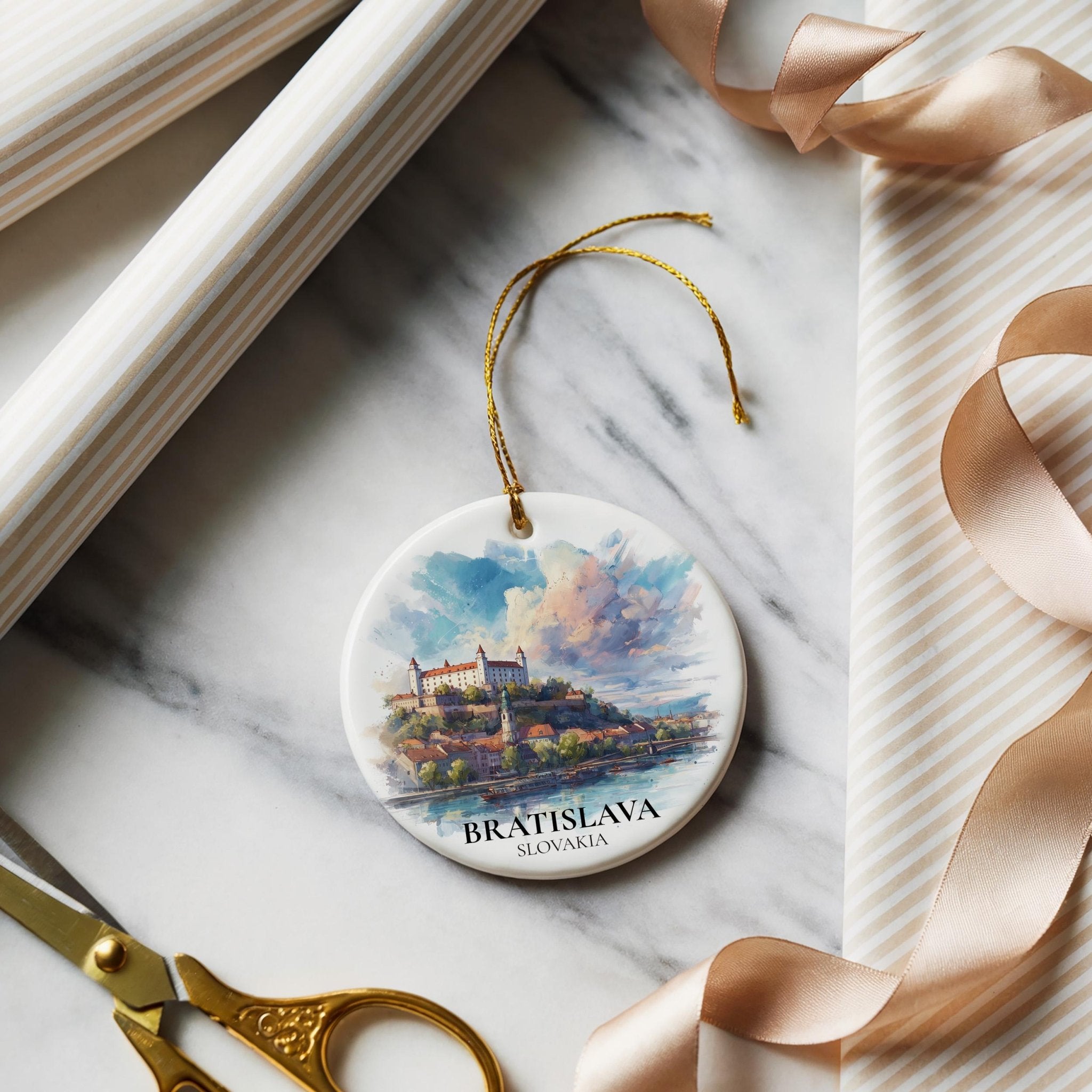 Bratislava Slovakia Personalized Watercolor Ornament, Custom Ceramic Christmas gift, Travel Keepsake - CuteBeePix