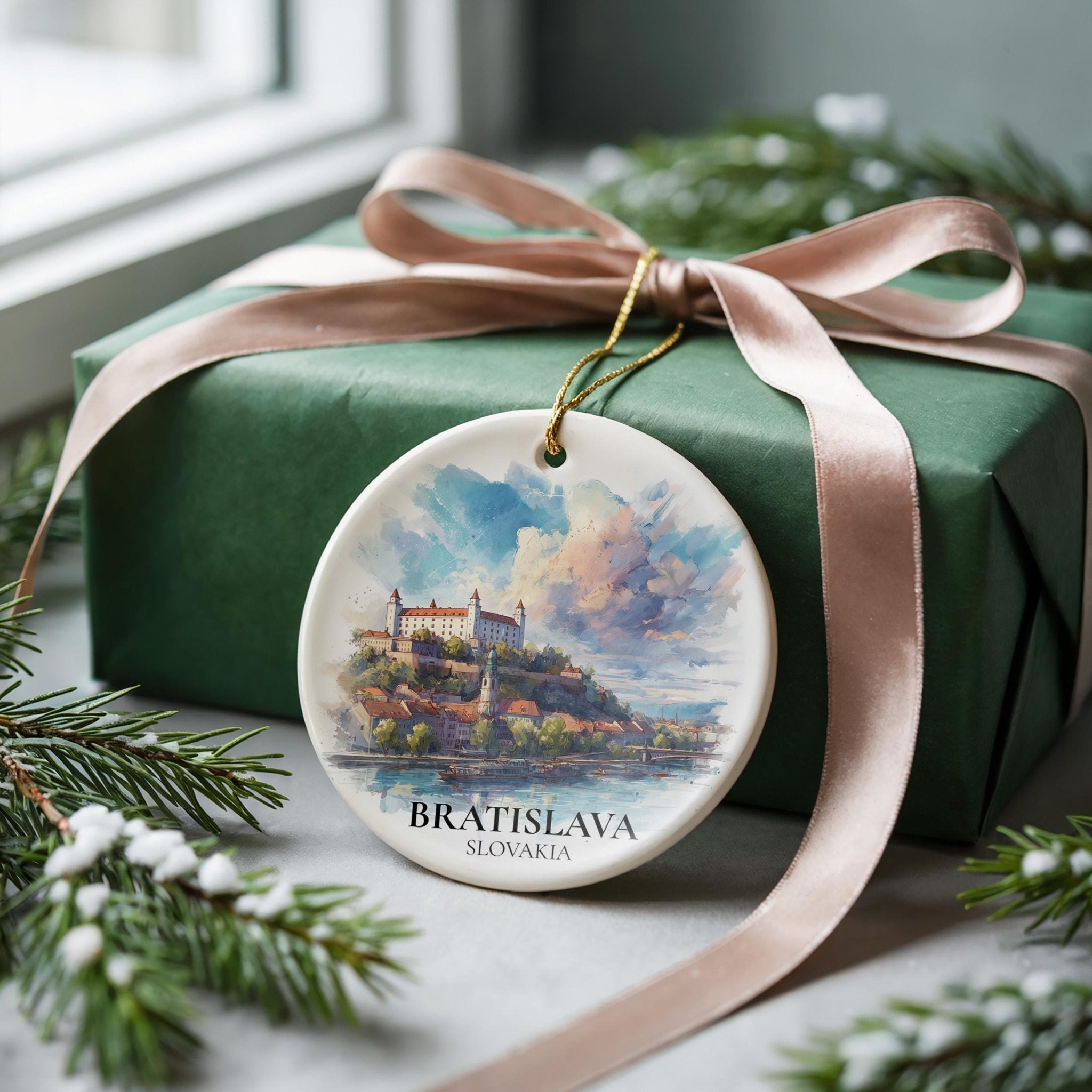 Bratislava Slovakia Personalized Watercolor Ornament, Custom Ceramic Christmas gift, Travel Keepsake - CuteBeePix