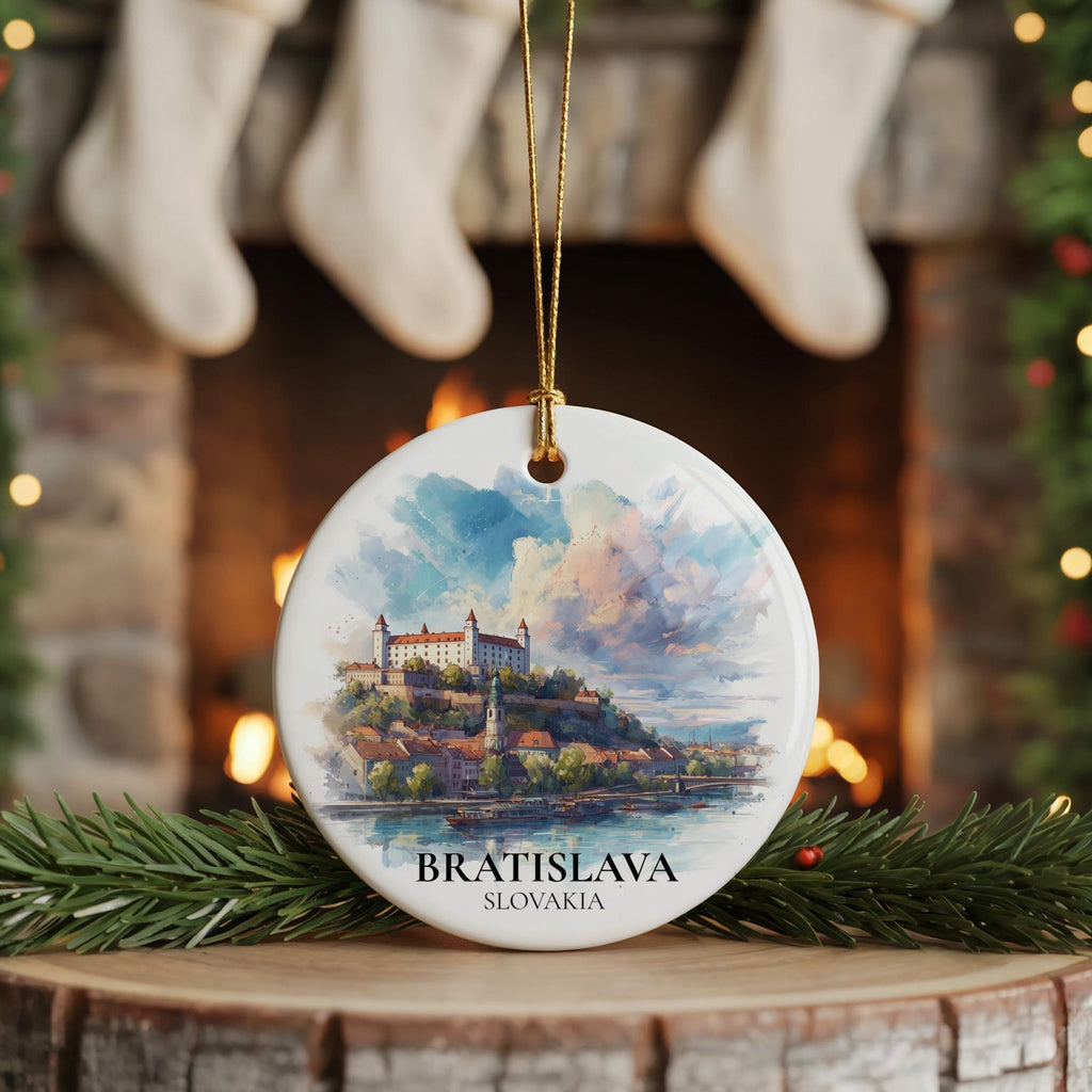 Bratislava Slovakia Personalized Watercolor Ornament, Custom Ceramic Christmas gift, Travel Keepsake - CuteBeePix