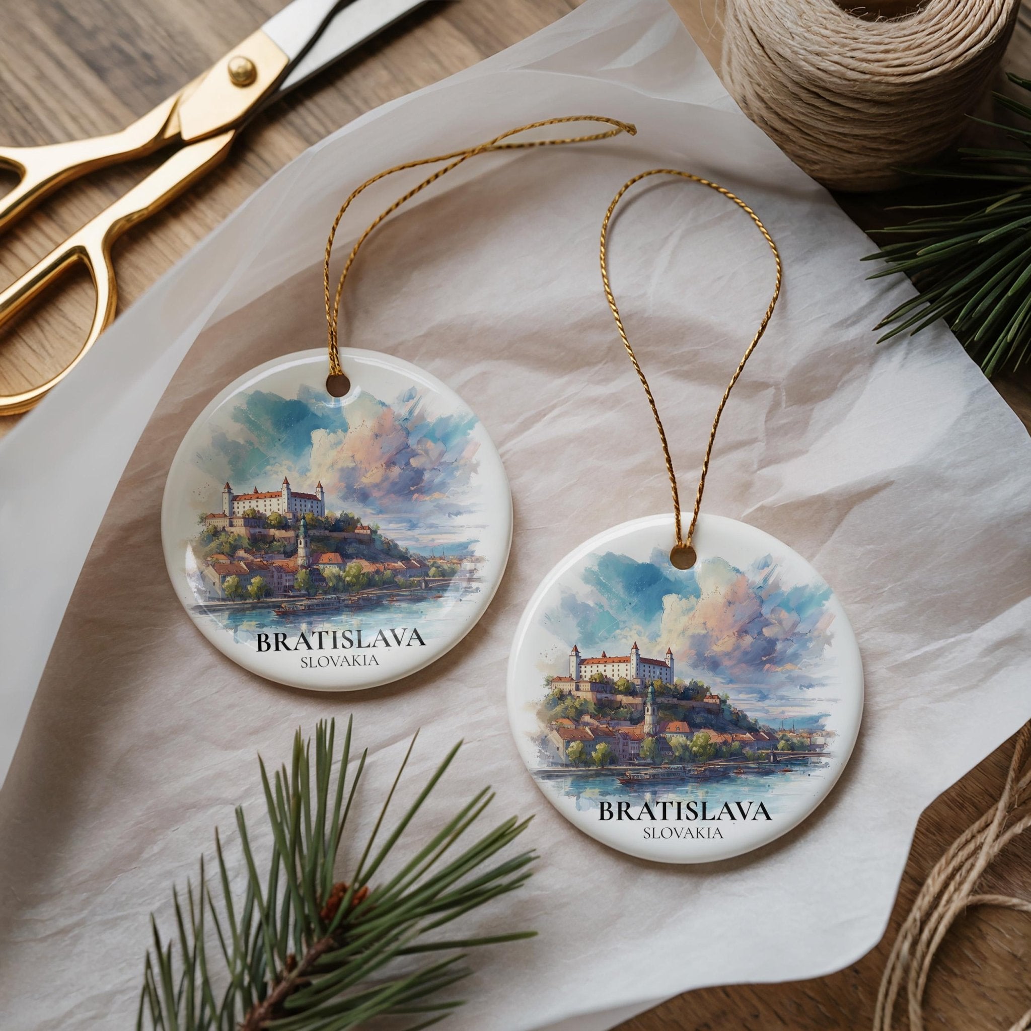Bratislava Slovakia Personalized Watercolor Ornament, Custom Ceramic Christmas gift, Travel Keepsake - CuteBeePix
