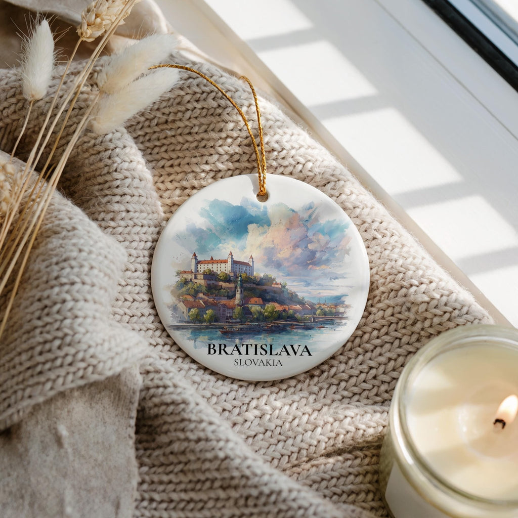 Bratislava Slovakia Personalized Watercolor Ornament, Custom Ceramic Christmas gift, Travel Keepsake - CuteBeePix