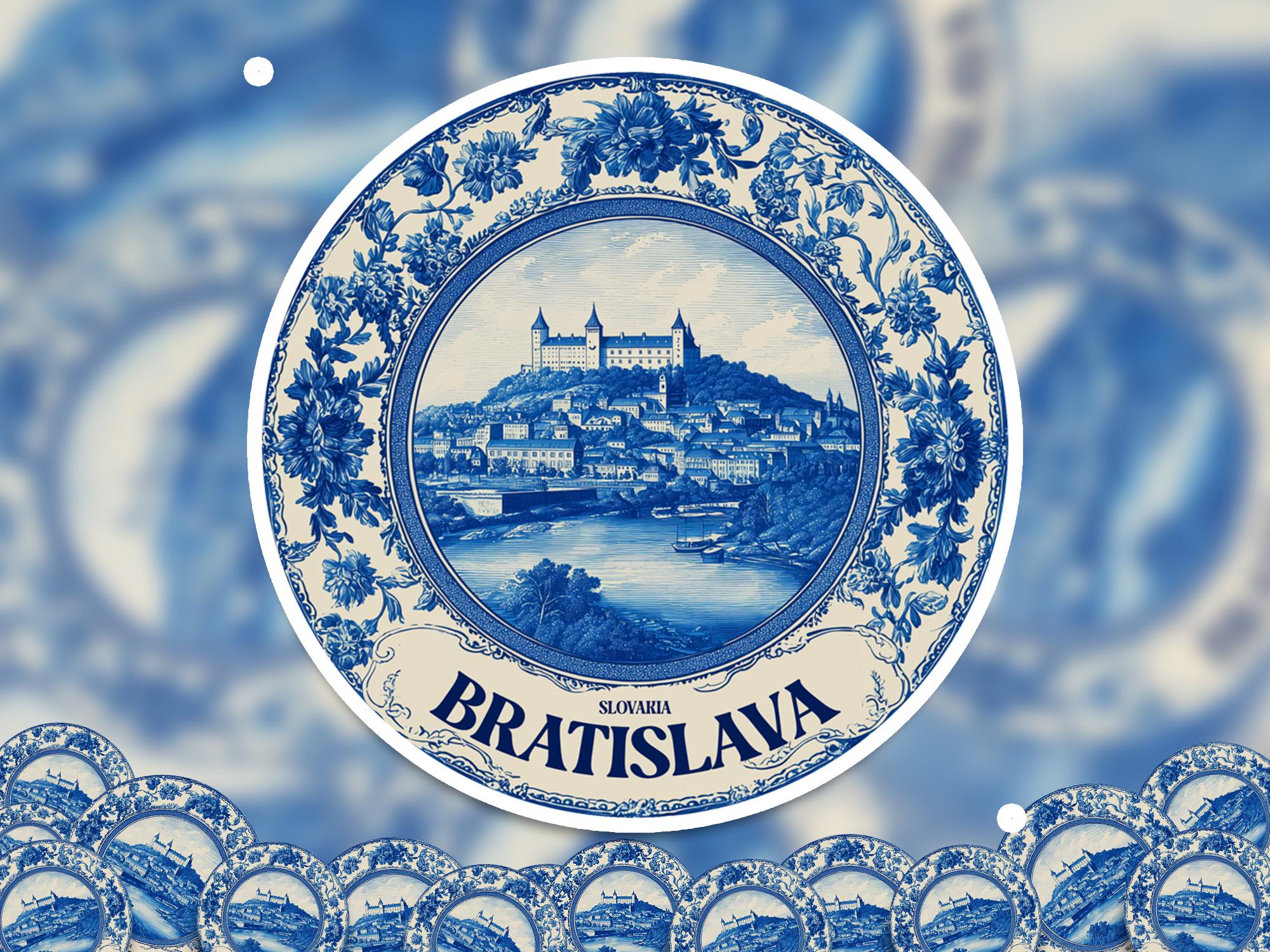 Bratislava Slovakia Sticker Vintage Delft style, Delftware Decal Waterproof Vinyl, Blue City Travel - CuteBeePix