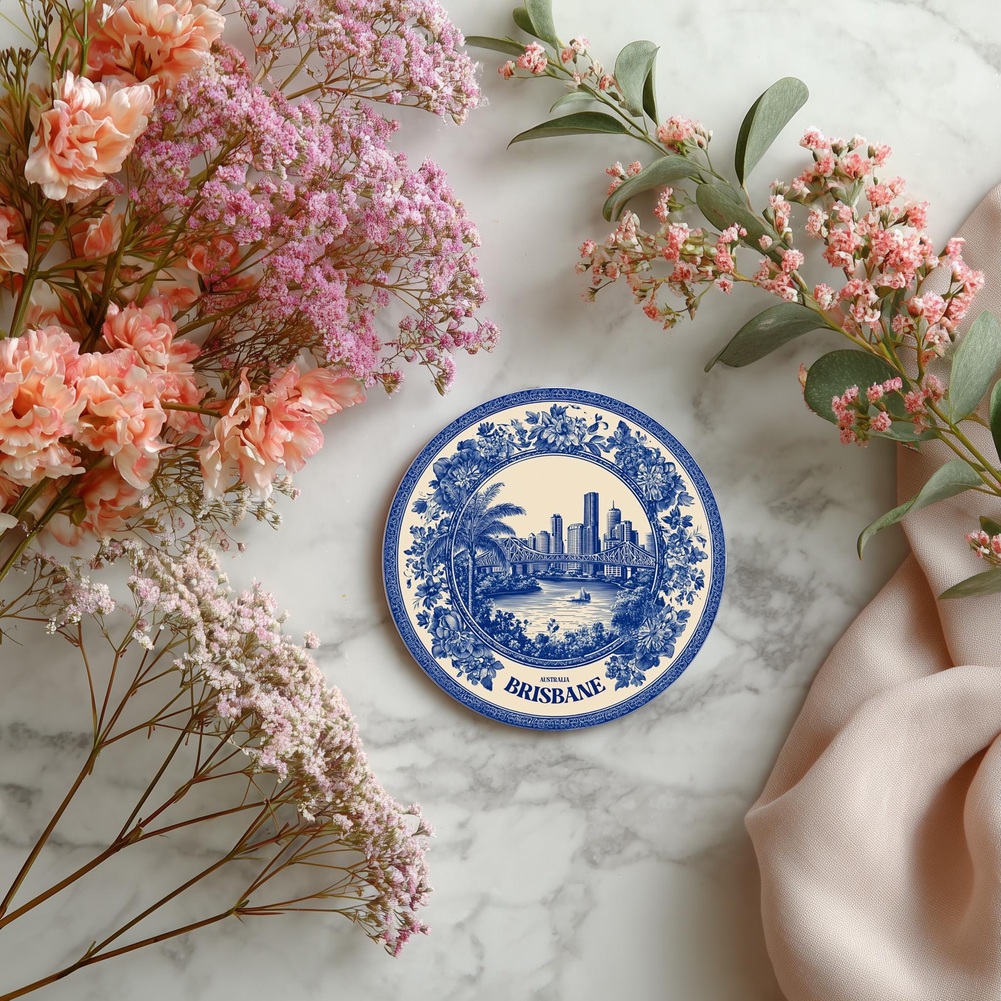 Brisbane Australia Delftware Ceramic Coaster, Blue White Travel Gift, Vintage Home Decor Collectible - CuteBeePix
