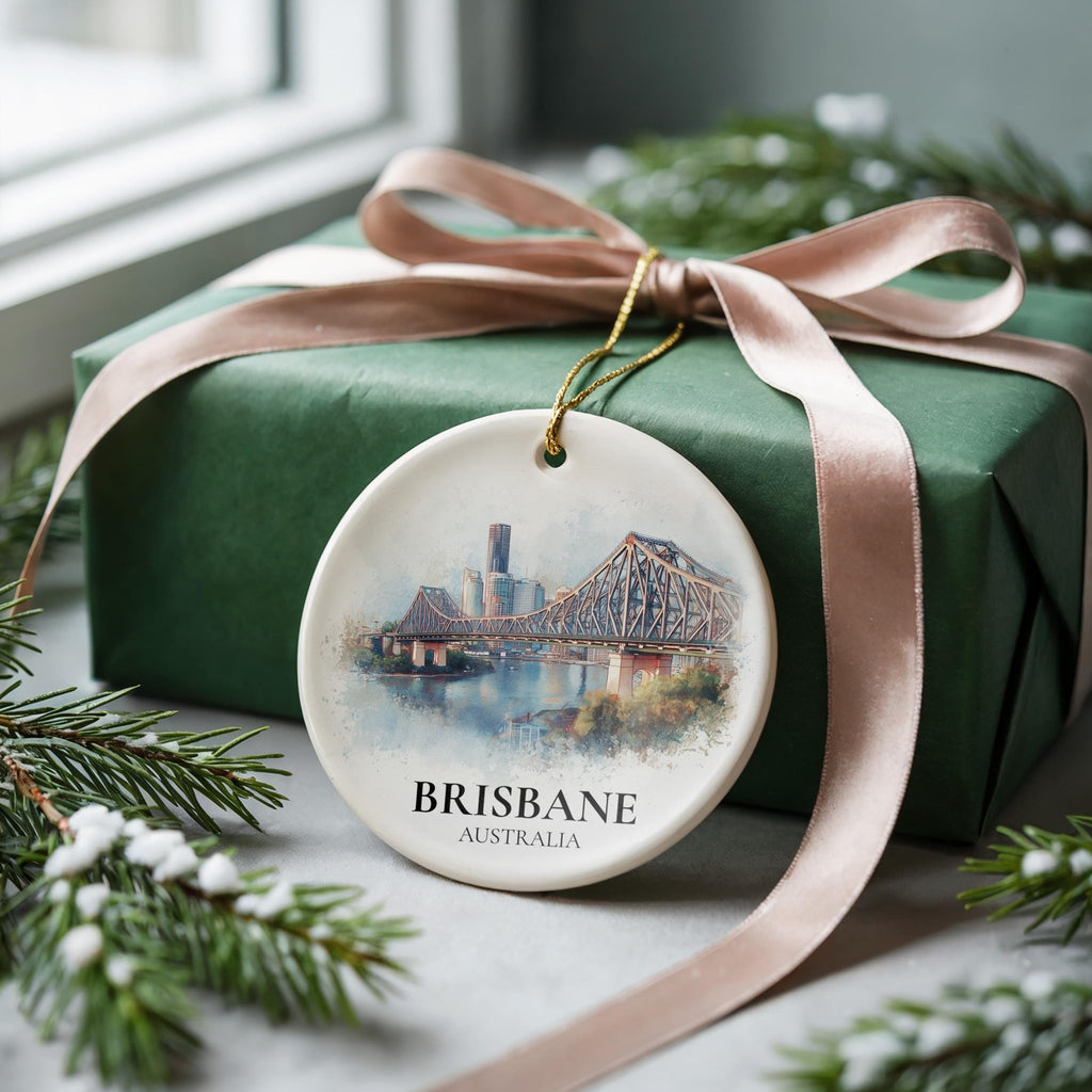 Brisbane Australia Personalized Watercolor Ornament, Custom Ceramic Christmas gift, Travel Keepsake - CuteBeePix