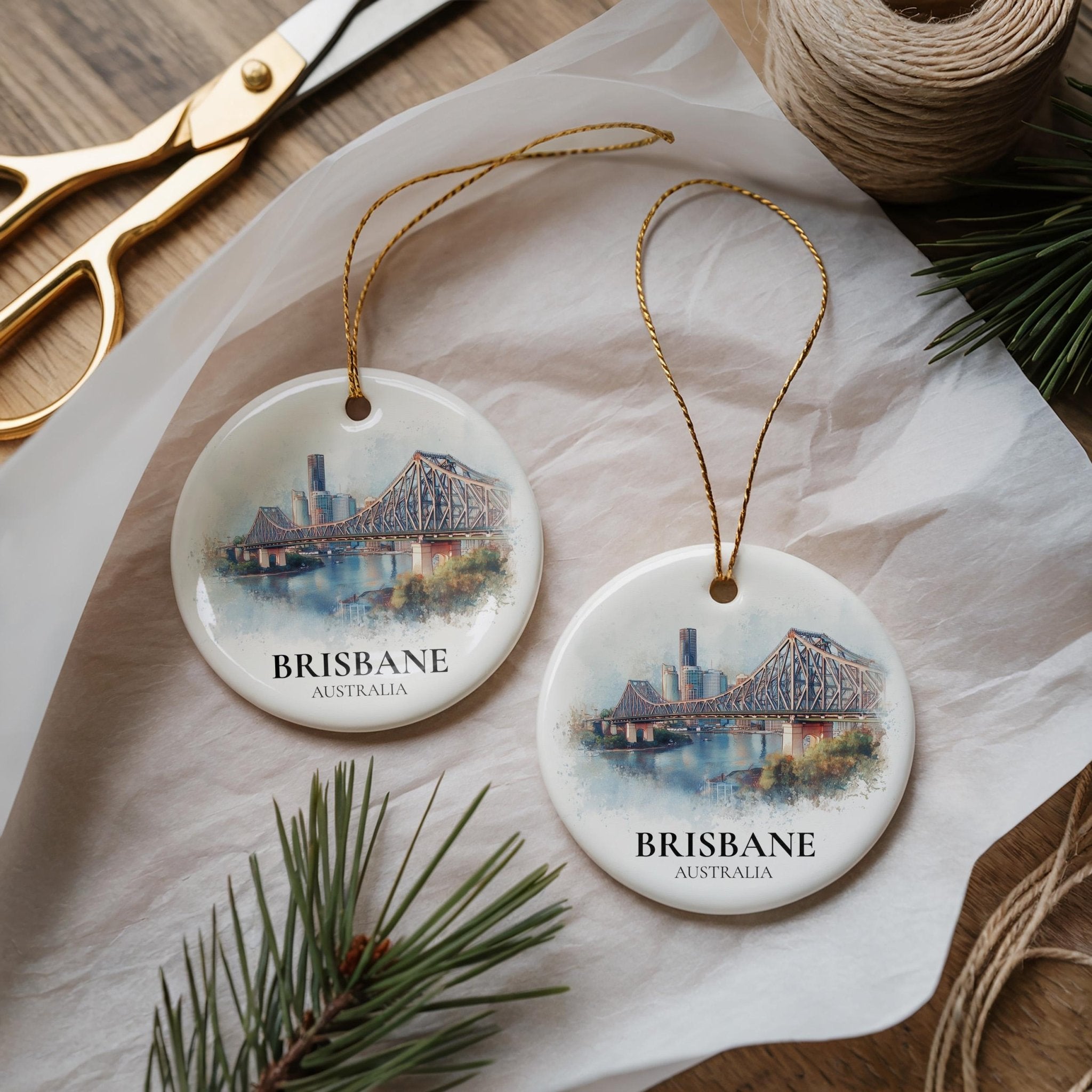 Brisbane Australia Personalized Watercolor Ornament, Custom Ceramic Christmas gift, Travel Keepsake - CuteBeePix