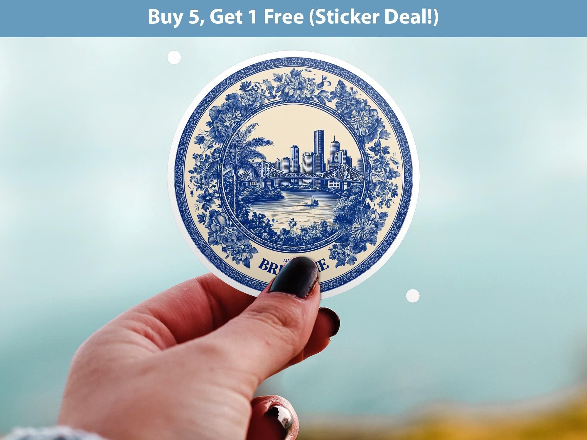 Brisbane Australia Sticker Vintage Delft style, Delftware Decal Waterproof Vinyl, Blue City Travel - CuteBeePix