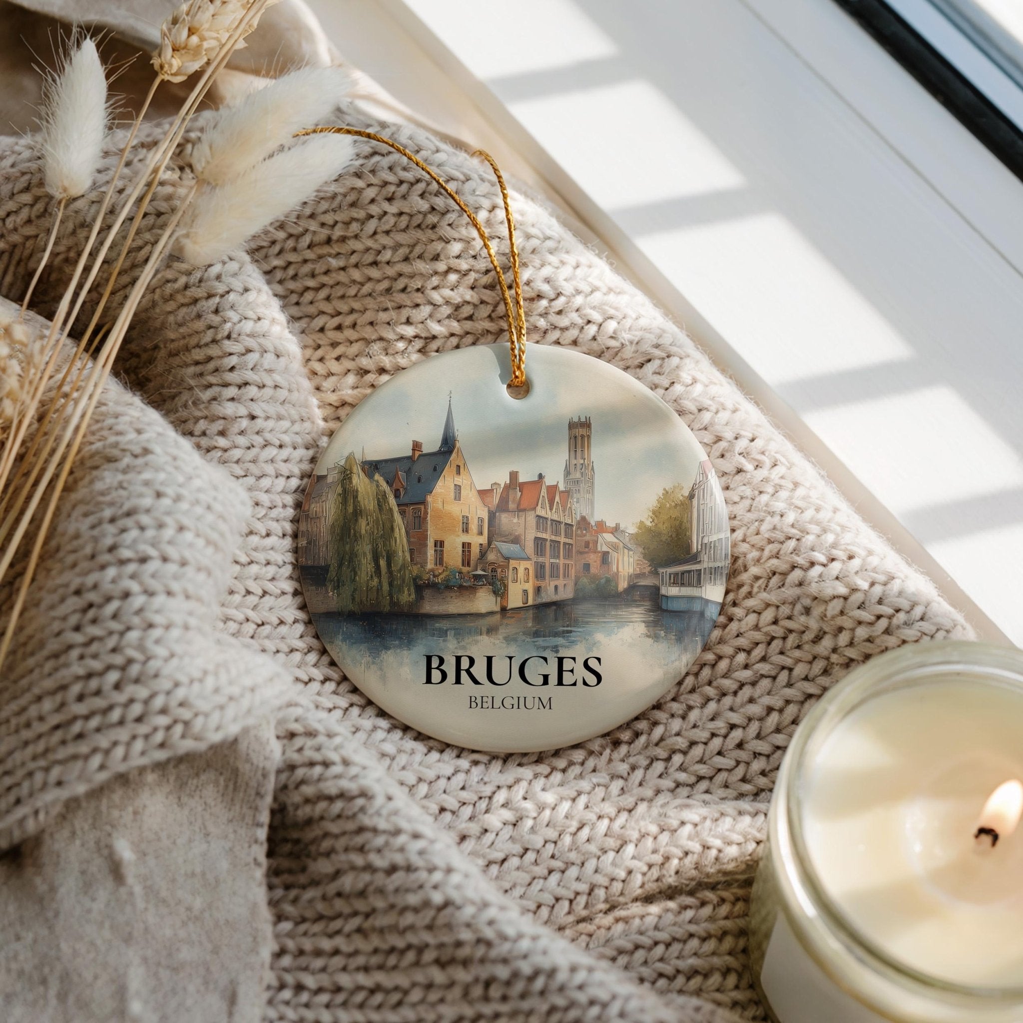 Bruges Belgium Personalized Watercolor Ornament, Custom Ceramic Christmas gift, Travel Keepsake - CuteBeePix