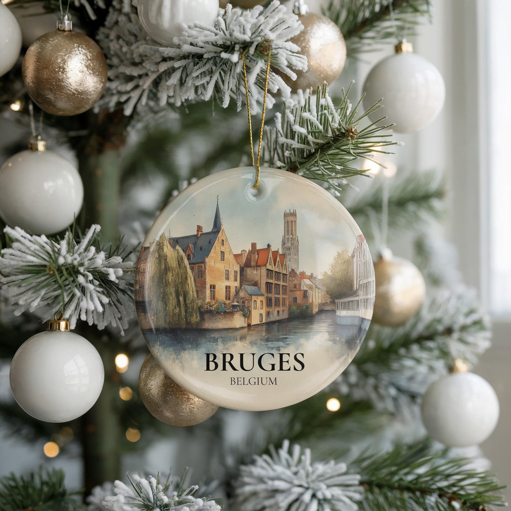 Bruges Belgium Personalized Watercolor Ornament, Custom Ceramic Christmas gift, Travel Keepsake - CuteBeePix