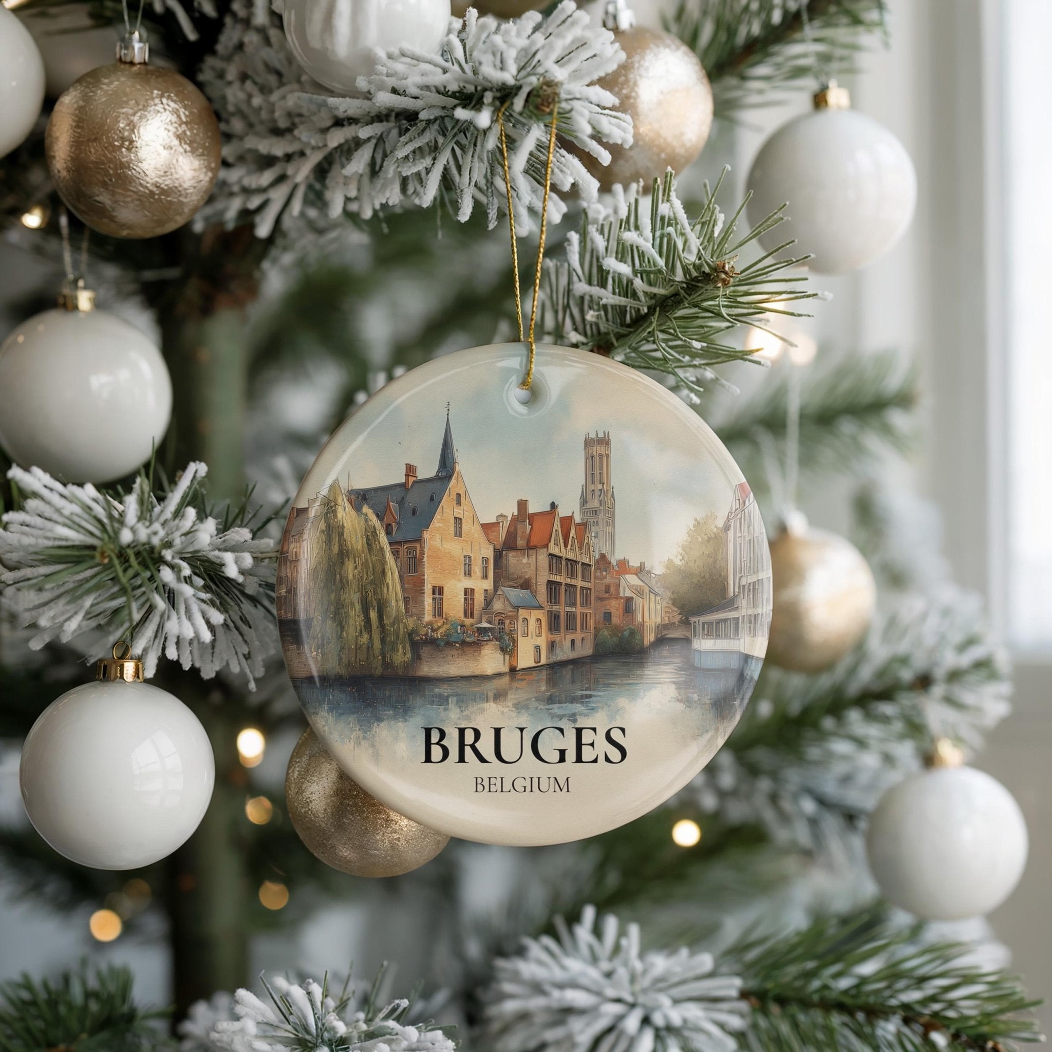 Bruges Belgium Personalized Watercolor Ornament, Custom Ceramic Christmas gift, Travel Keepsake - CuteBeePix