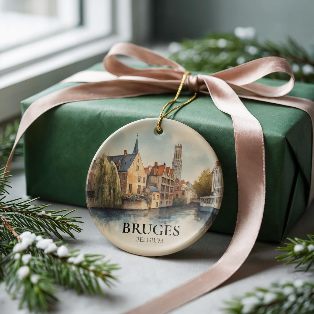 Bruges Belgium Personalized Watercolor Ornament, Custom Ceramic Christmas gift, Travel Keepsake - CuteBeePix