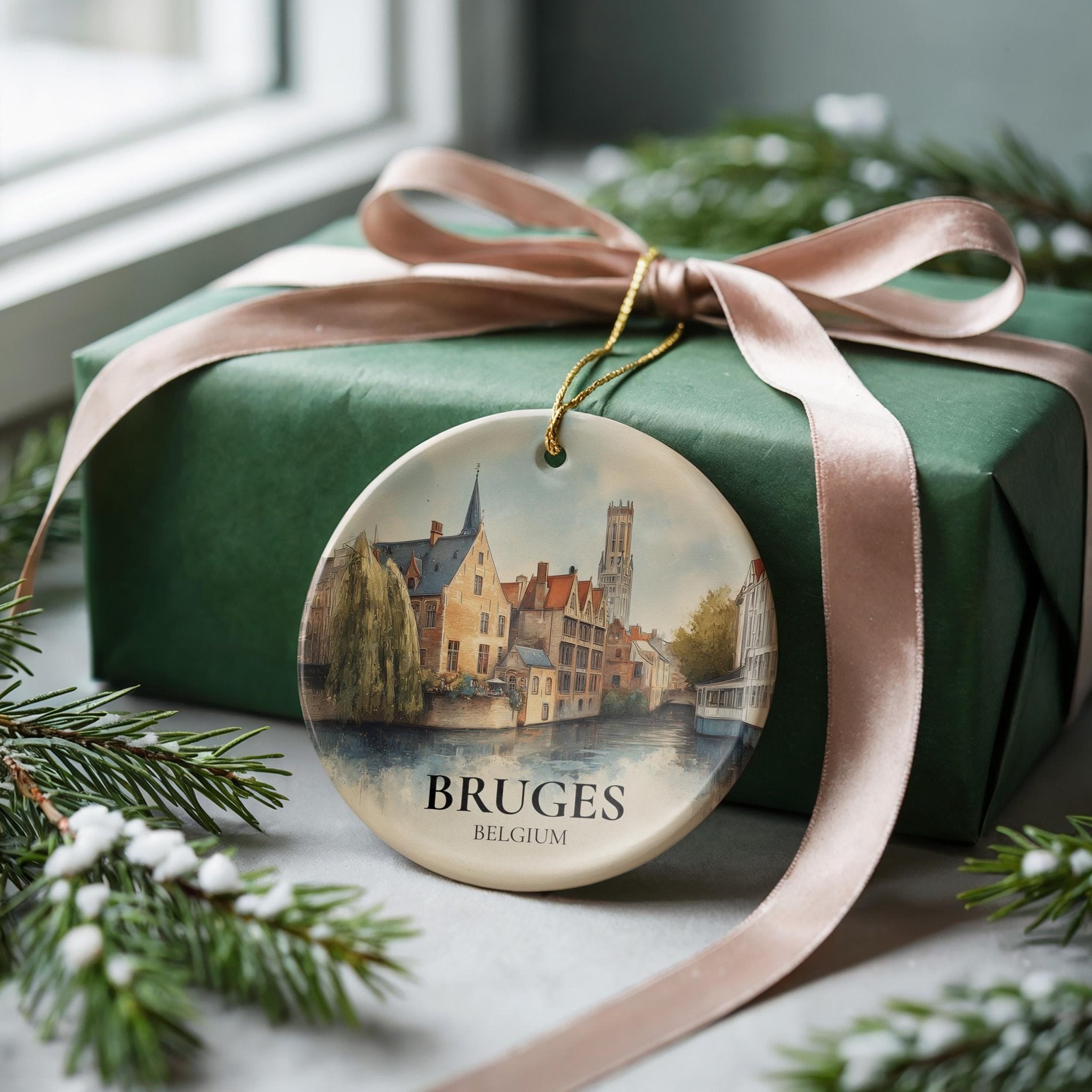 Bruges Belgium Personalized Watercolor Ornament, Custom Ceramic Christmas gift, Travel Keepsake - CuteBeePix