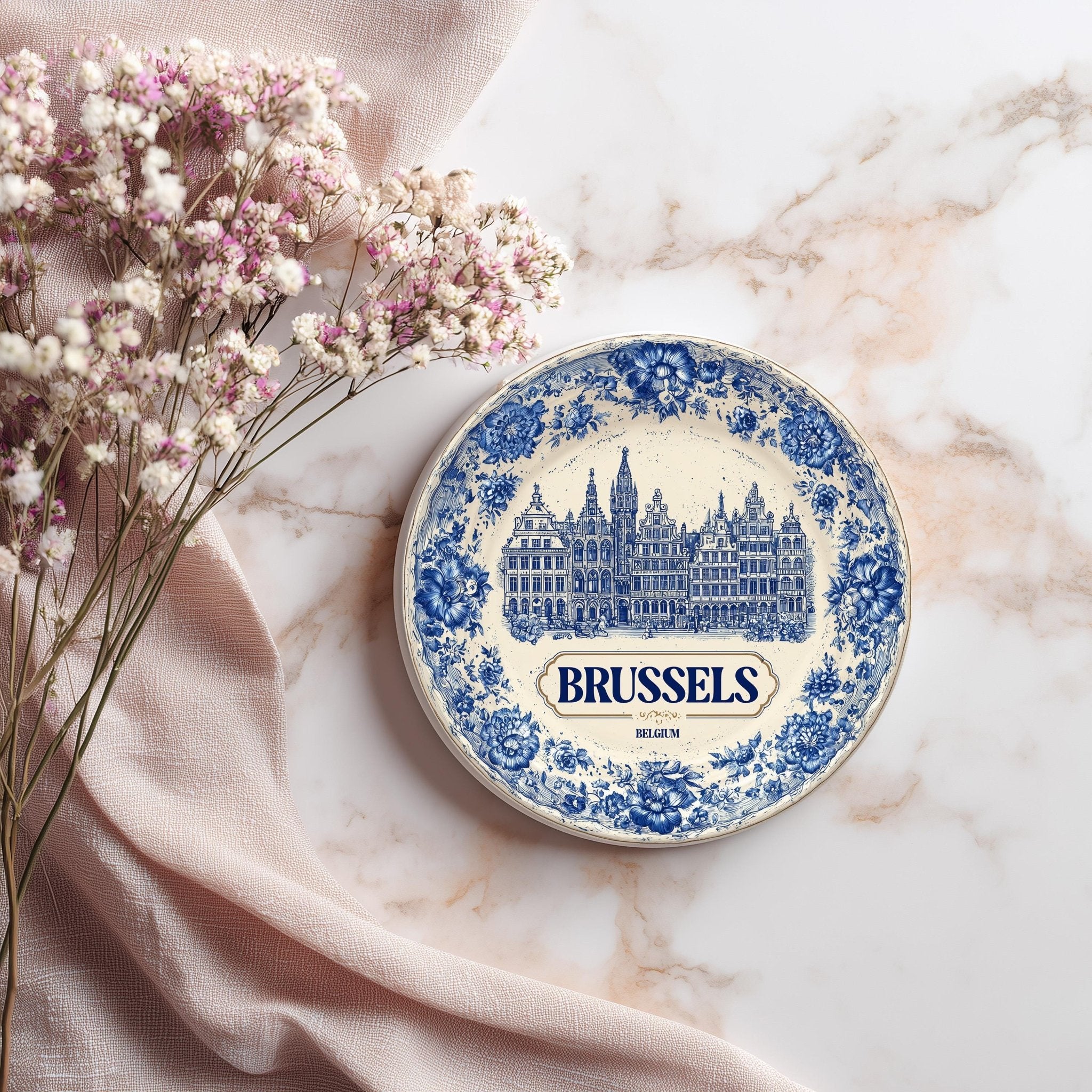 Brussels Belgium Delftware Ceramic Coaster, Blue White Travel Gift, Vintage Home Decor Collectible - CuteBeePix