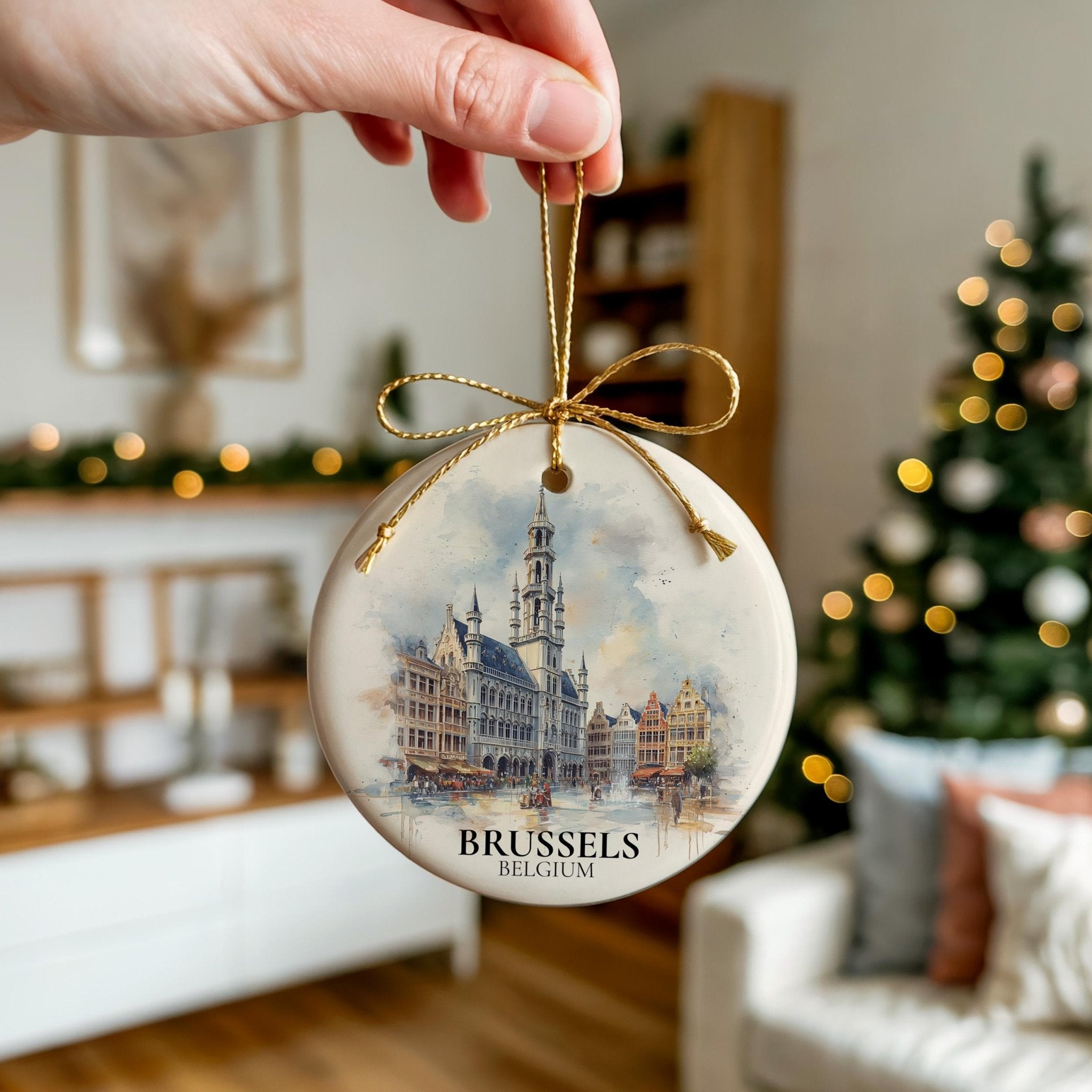 Brussels Belgium Personalized Watercolor Ornament, Custom Ceramic Christmas gift, Travel Keepsake - CuteBeePix