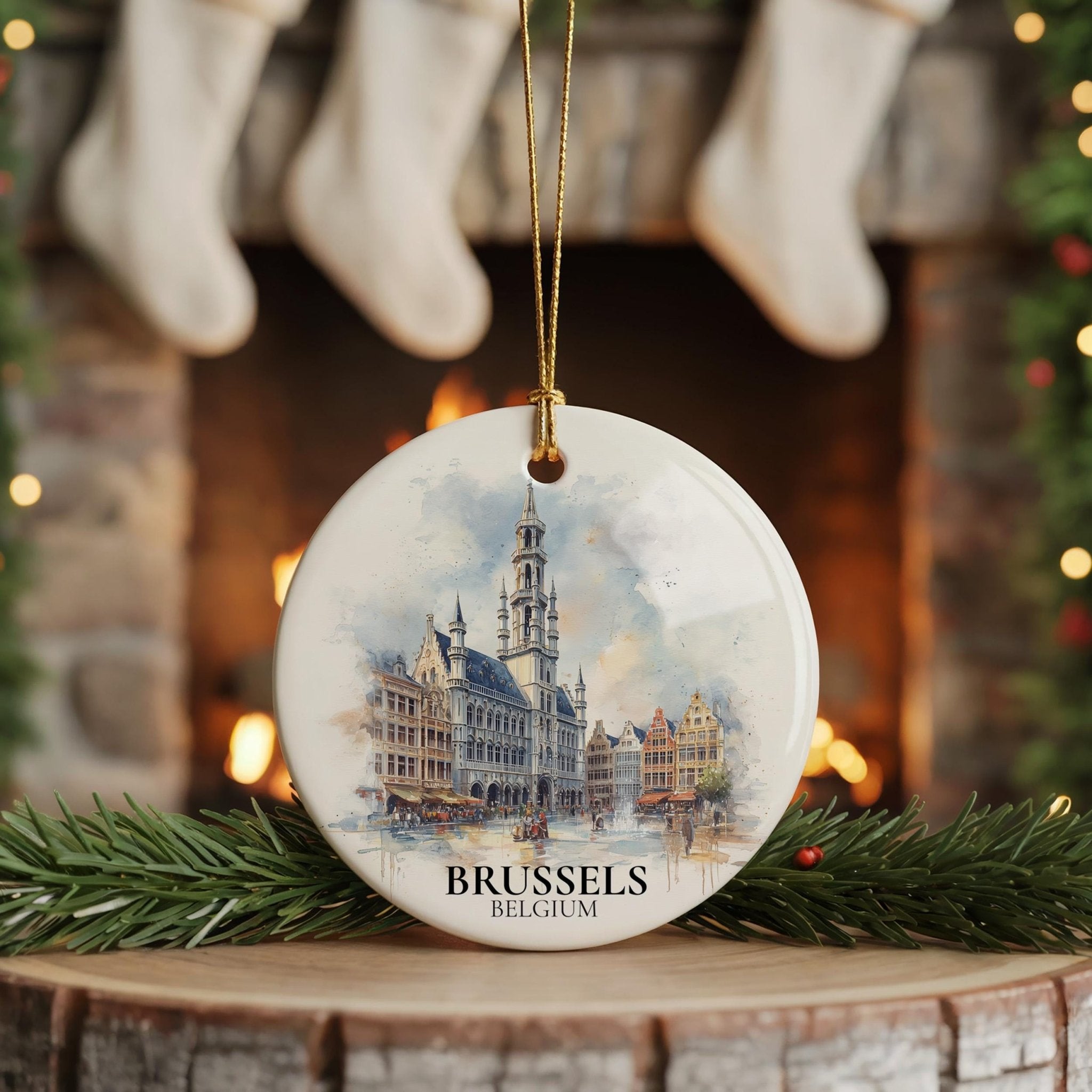 Brussels Belgium Personalized Watercolor Ornament, Custom Ceramic Christmas gift, Travel Keepsake - CuteBeePix