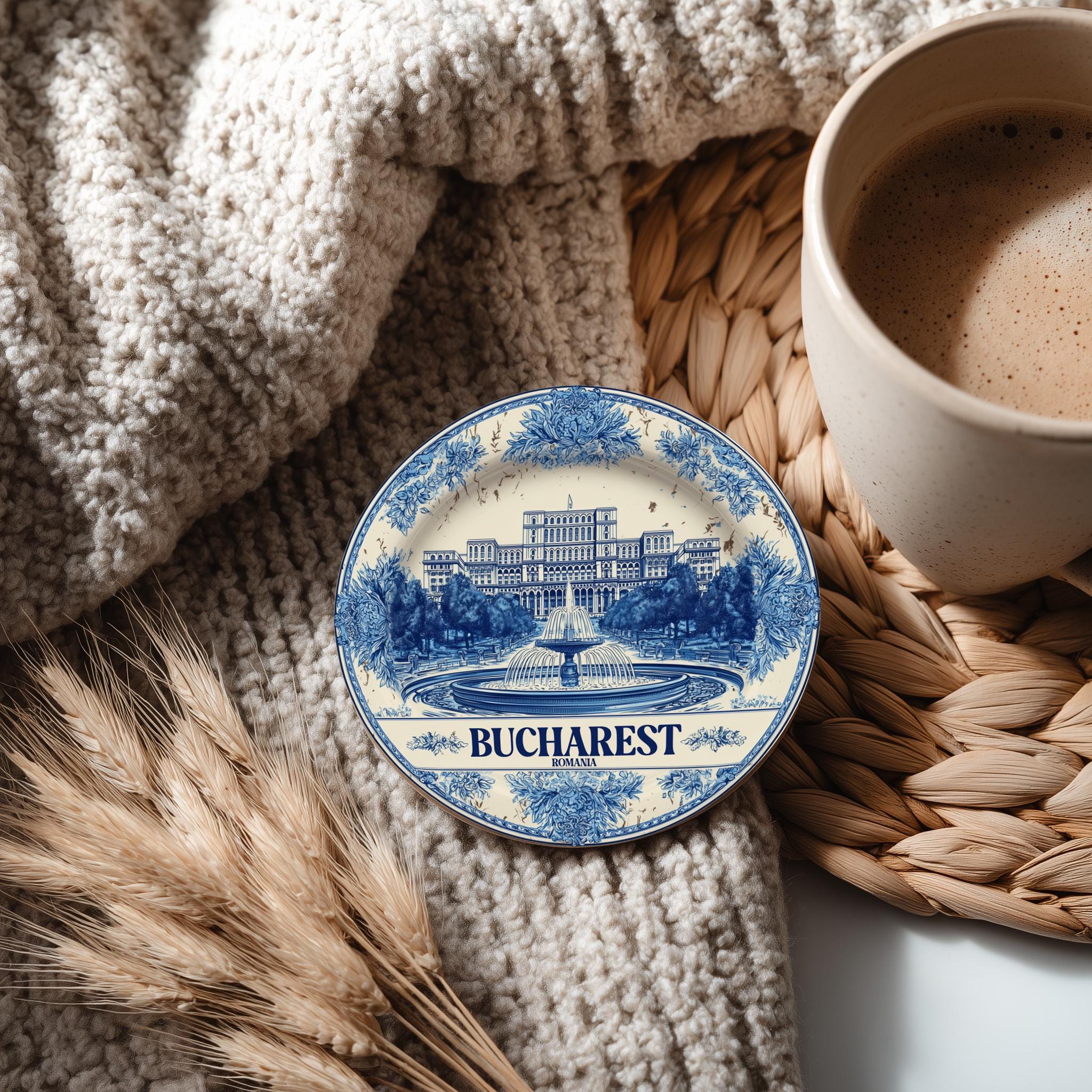 Bucharest Romania Delftware Ceramic Coaster, Blue White Travel Gift, Vintage Home Decor Collectible - CuteBeePix