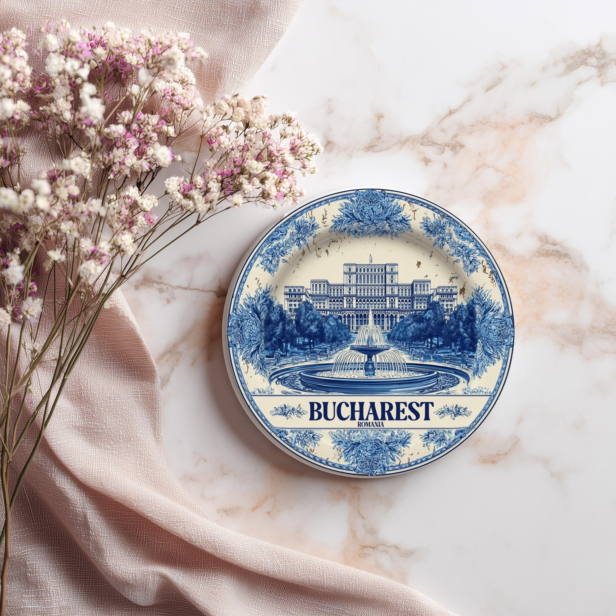 Bucharest Romania Delftware Ceramic Coaster, Blue White Travel Gift, Vintage Home Decor Collectible - CuteBeePix