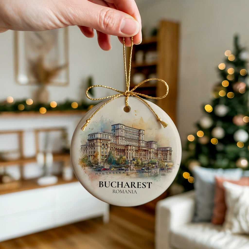Bucharest Romania Personalized Watercolor Ornament, Custom Ceramic Christmas gift, Travel Keepsake - CuteBeePix