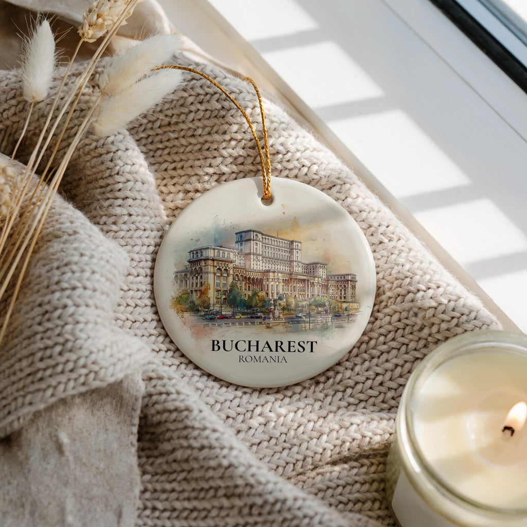 Bucharest Romania Personalized Watercolor Ornament, Custom Ceramic Christmas gift, Travel Keepsake - CuteBeePix