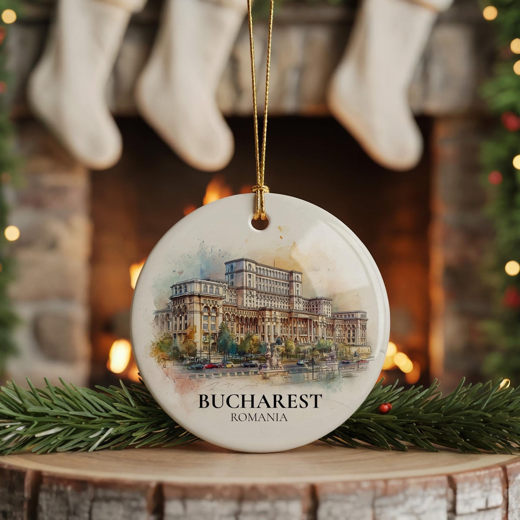 Bucharest Romania Personalized Watercolor Ornament, Custom Ceramic Christmas gift, Travel Keepsake - CuteBeePix