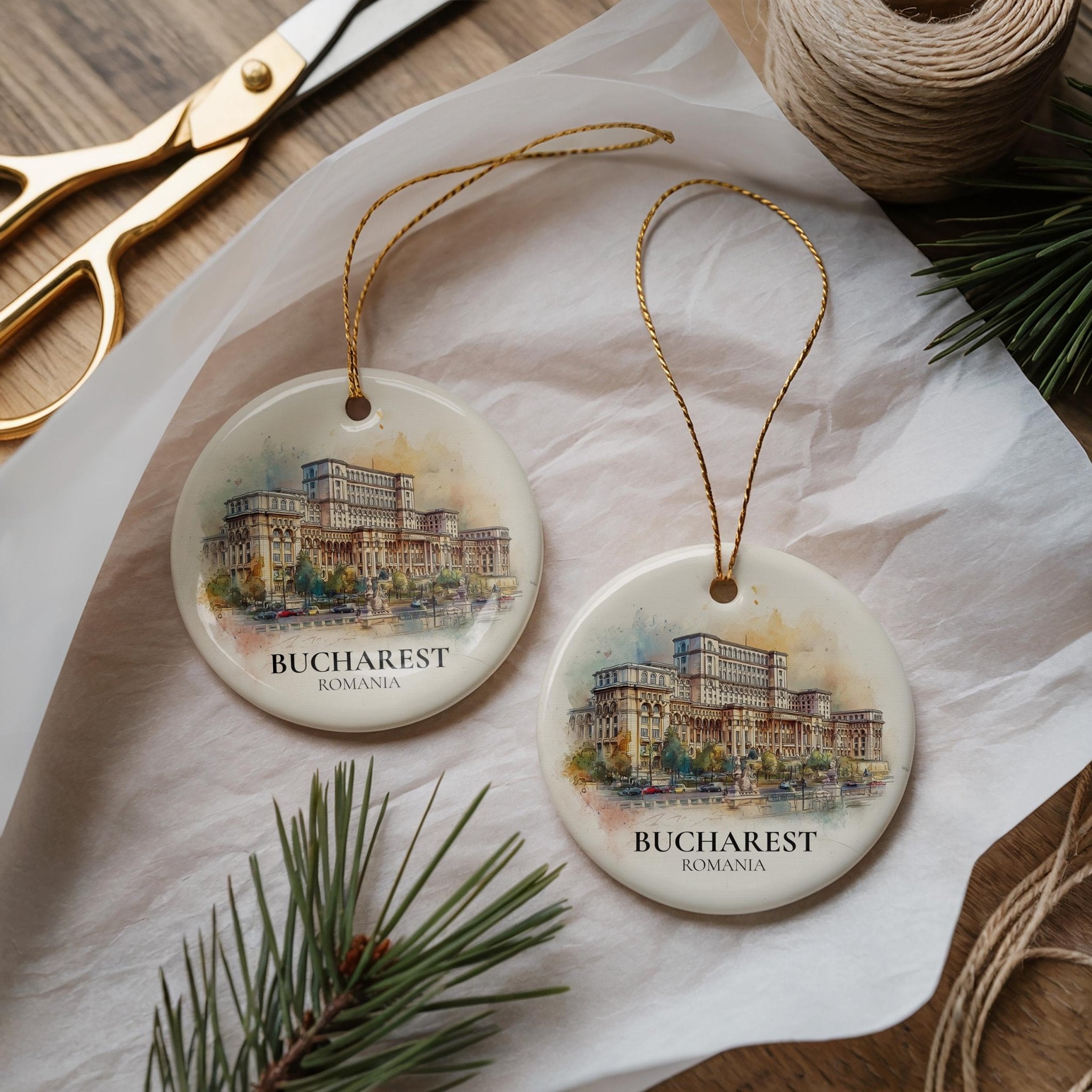 Bucharest Romania Personalized Watercolor Ornament, Custom Ceramic Christmas gift, Travel Keepsake - CuteBeePix