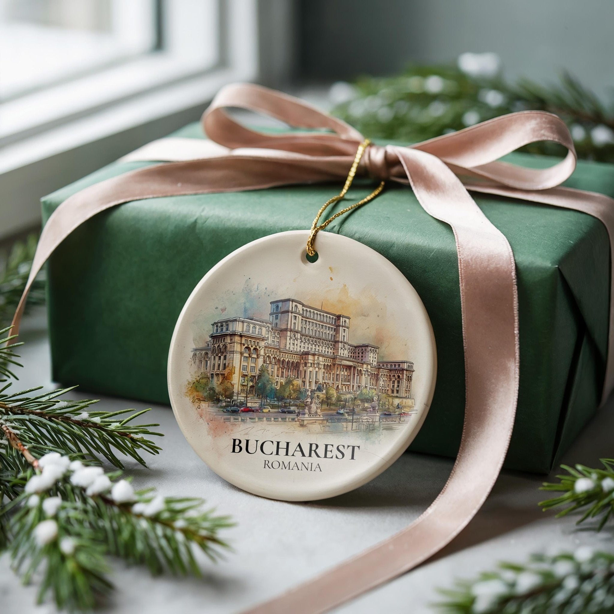 Bucharest Romania Personalized Watercolor Ornament, Custom Ceramic Christmas gift, Travel Keepsake - CuteBeePix