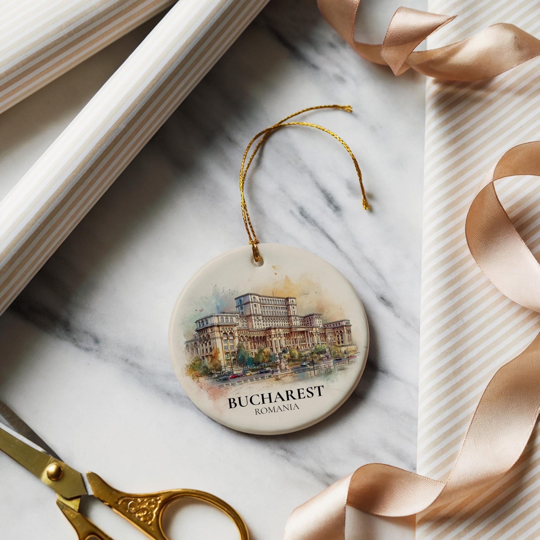 Bucharest Romania Personalized Watercolor Ornament, Custom Ceramic Christmas gift, Travel Keepsake - CuteBeePix
