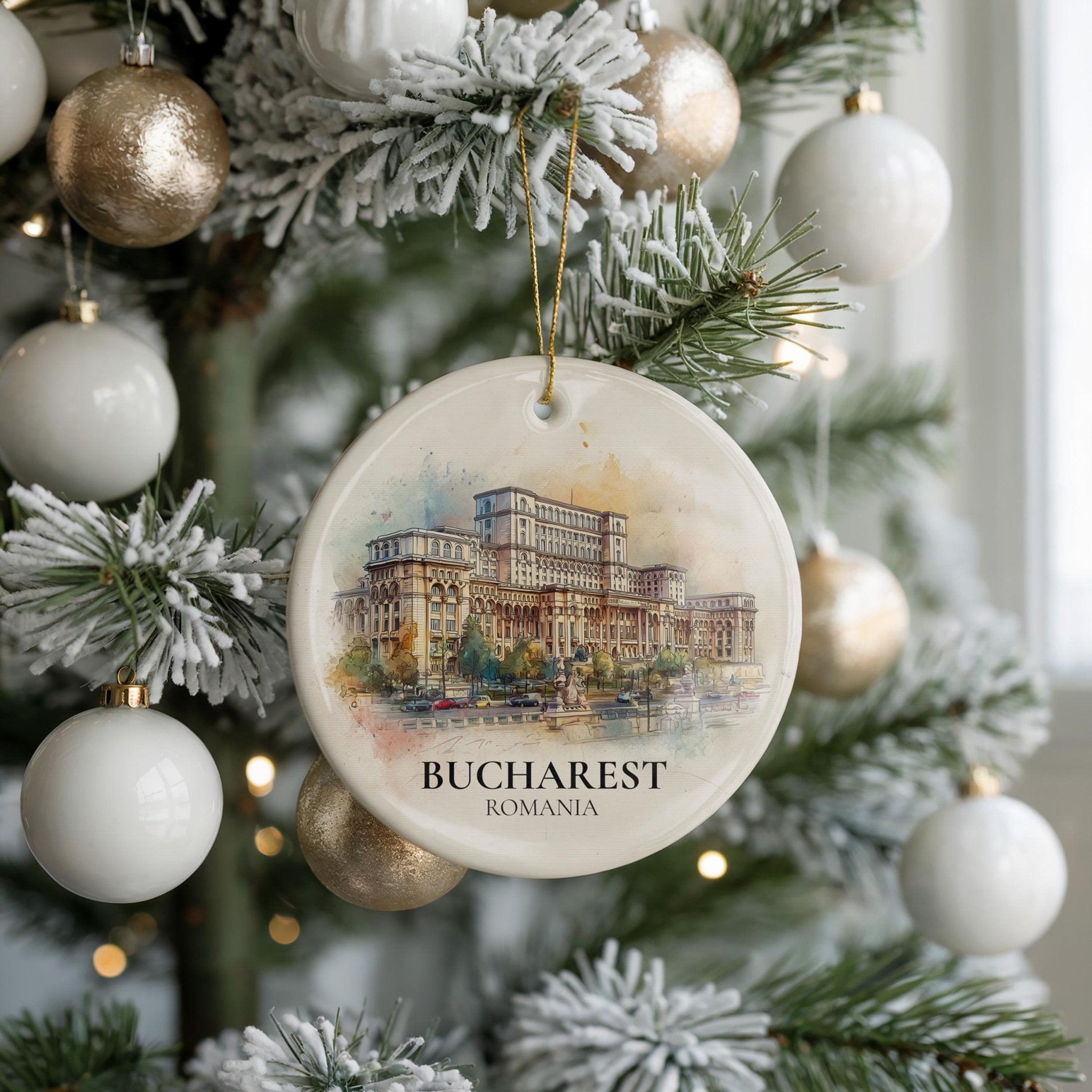 Bucharest Romania Personalized Watercolor Ornament, Custom Ceramic Christmas gift, Travel Keepsake - CuteBeePix