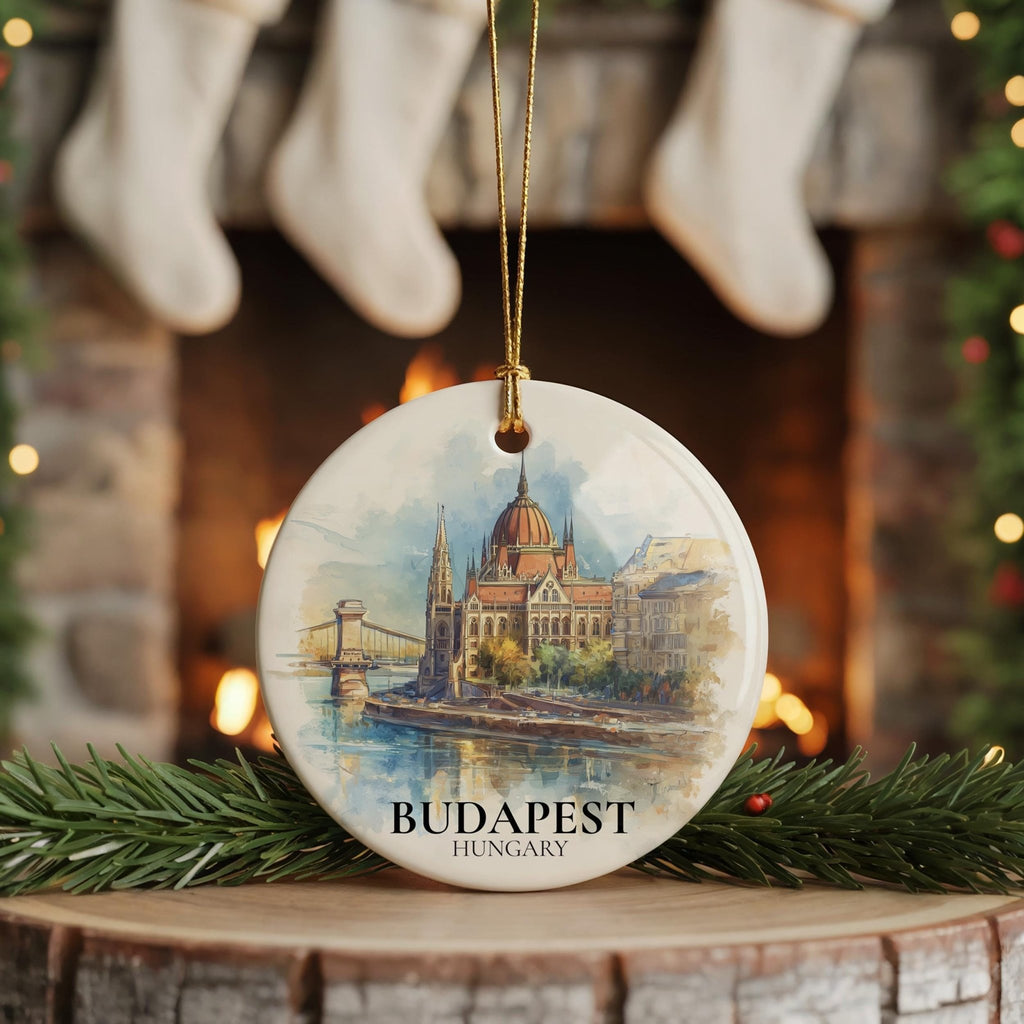 Budapest Hungary Personalized Watercolor Ornament, Custom Ceramic Christmas gift, Travel Keepsake - CuteBeePix