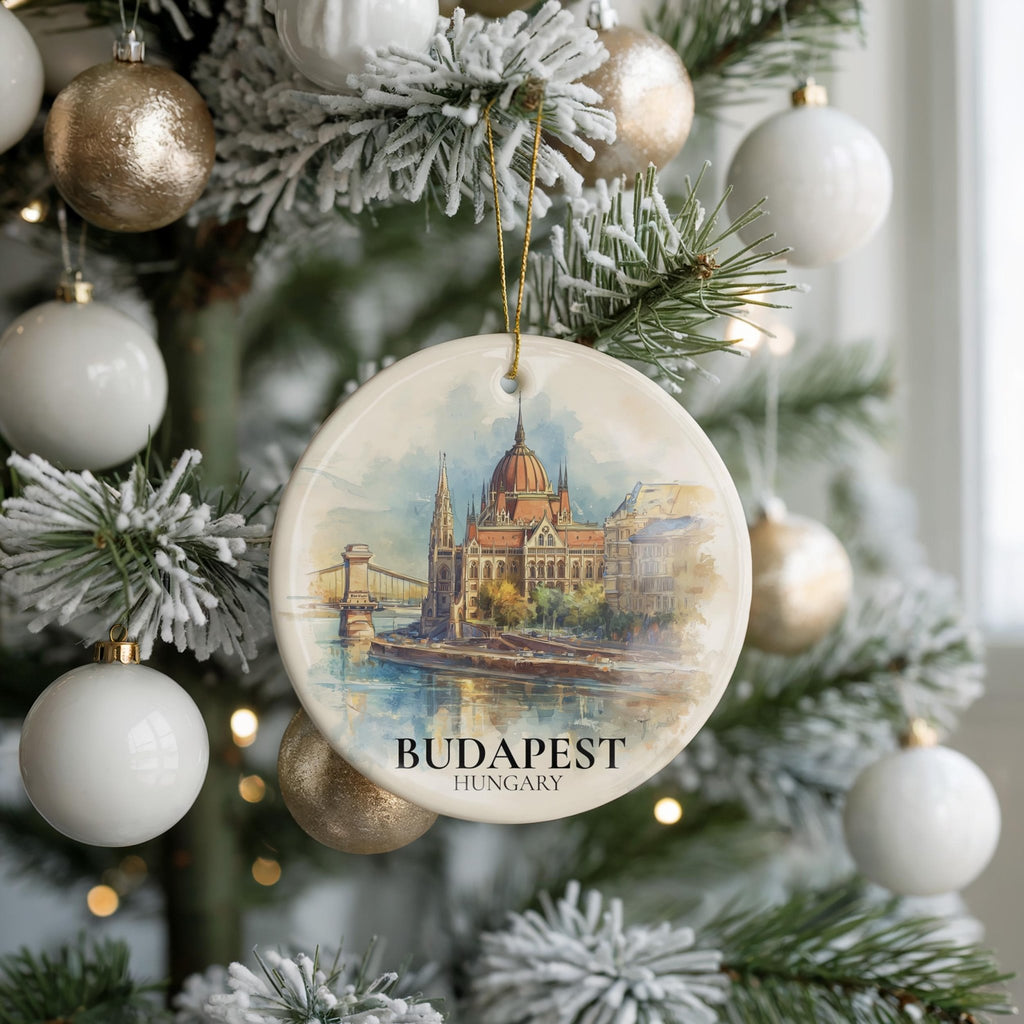 Budapest Hungary Personalized Watercolor Ornament, Custom Ceramic Christmas gift, Travel Keepsake - CuteBeePix