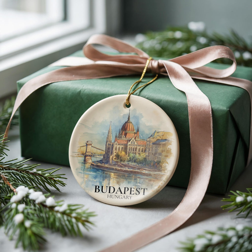 Budapest Hungary Personalized Watercolor Ornament, Custom Ceramic Christmas gift, Travel Keepsake - CuteBeePix