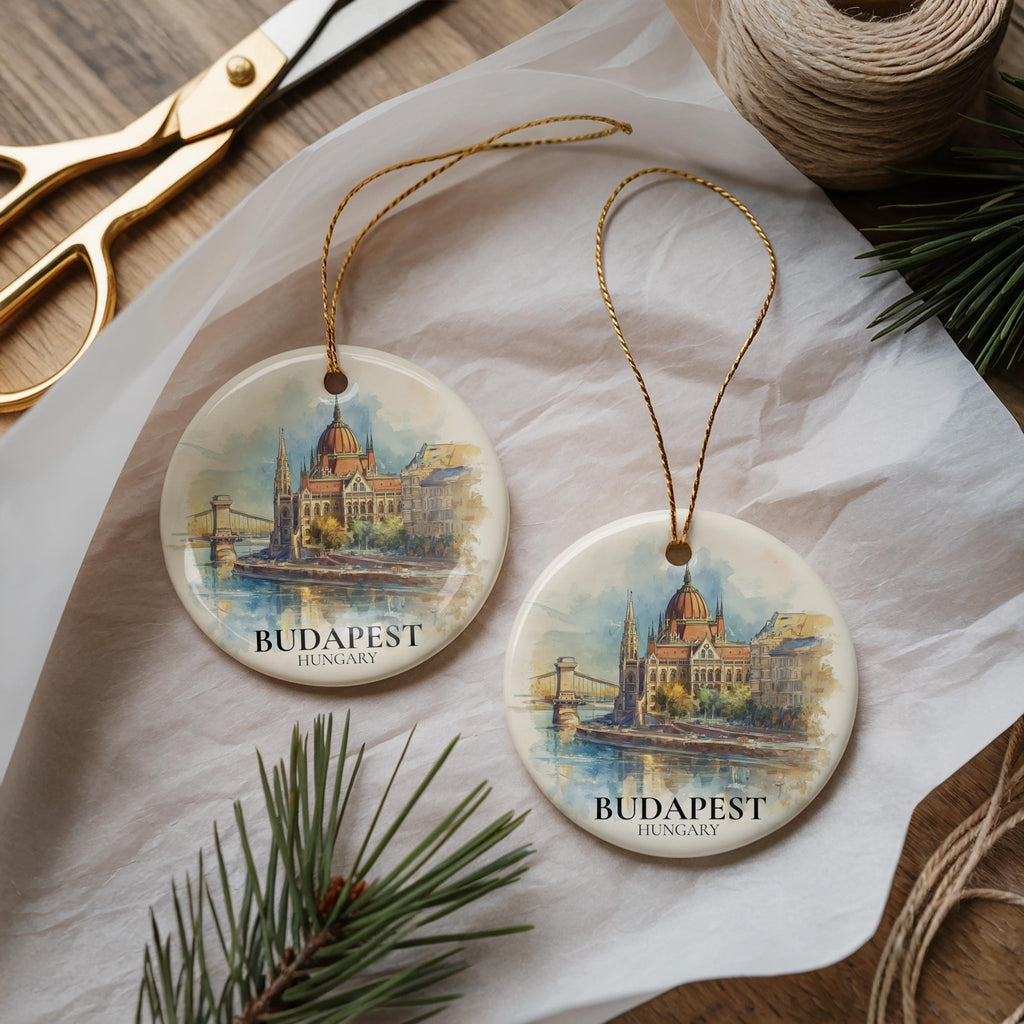 Budapest Hungary Personalized Watercolor Ornament, Custom Ceramic Christmas gift, Travel Keepsake - CuteBeePix