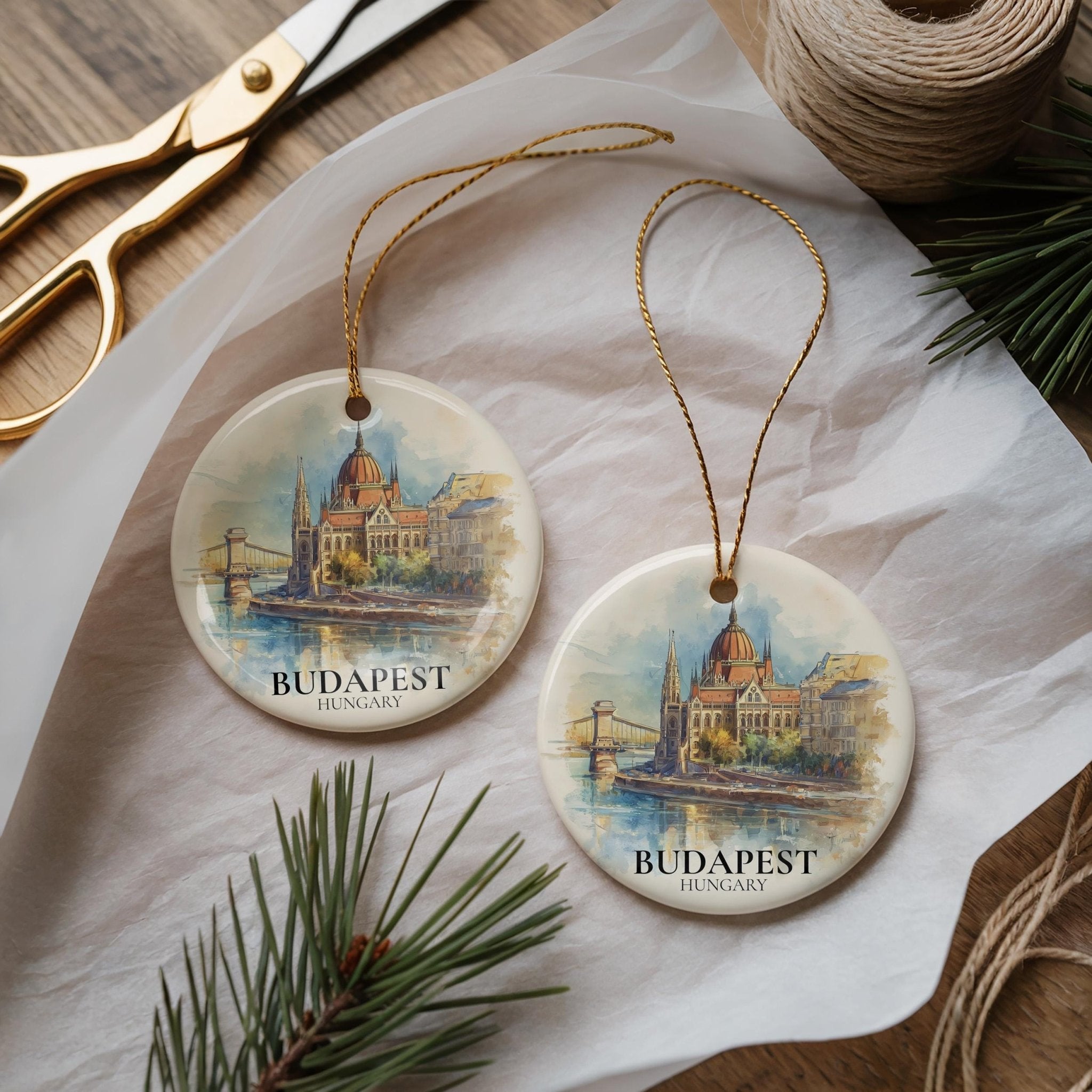 Budapest Hungary Personalized Watercolor Ornament, Custom Ceramic Christmas gift, Travel Keepsake - CuteBeePix
