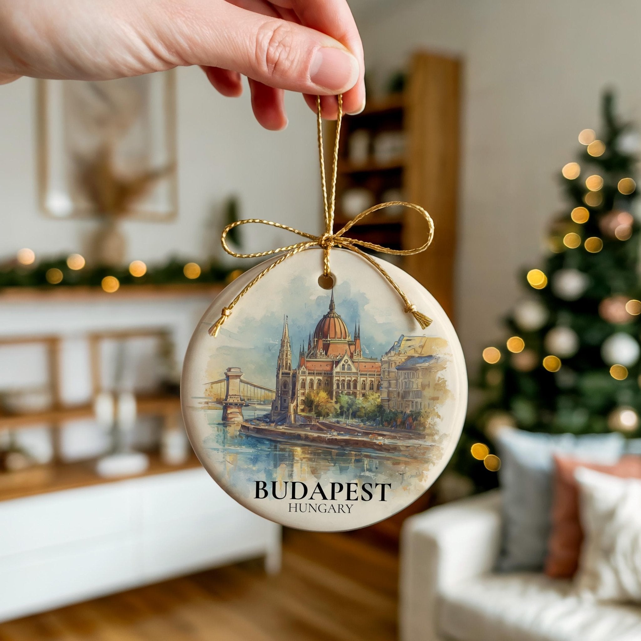 Budapest Hungary Personalized Watercolor Ornament, Custom Ceramic Christmas gift, Travel Keepsake - CuteBeePix