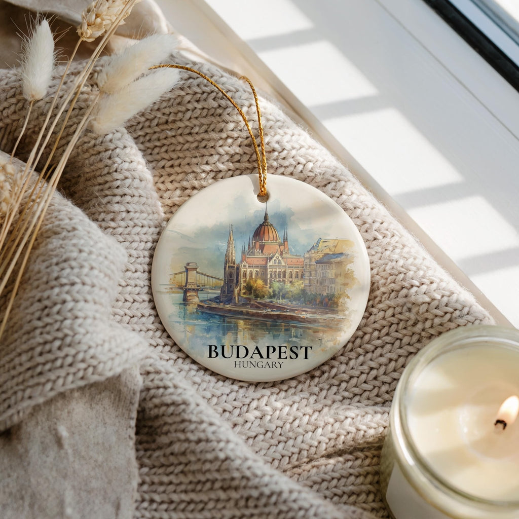 Budapest Hungary Personalized Watercolor Ornament, Custom Ceramic Christmas gift, Travel Keepsake - CuteBeePix