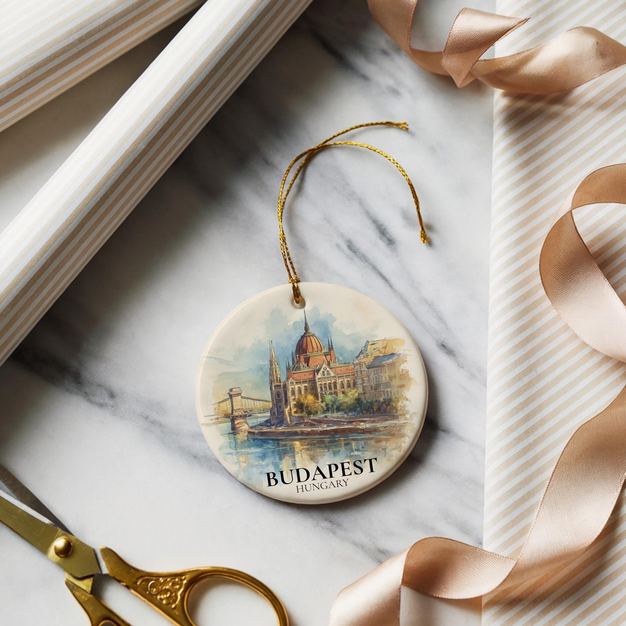 Budapest Hungary Personalized Watercolor Ornament, Custom Ceramic Christmas gift, Travel Keepsake - CuteBeePix