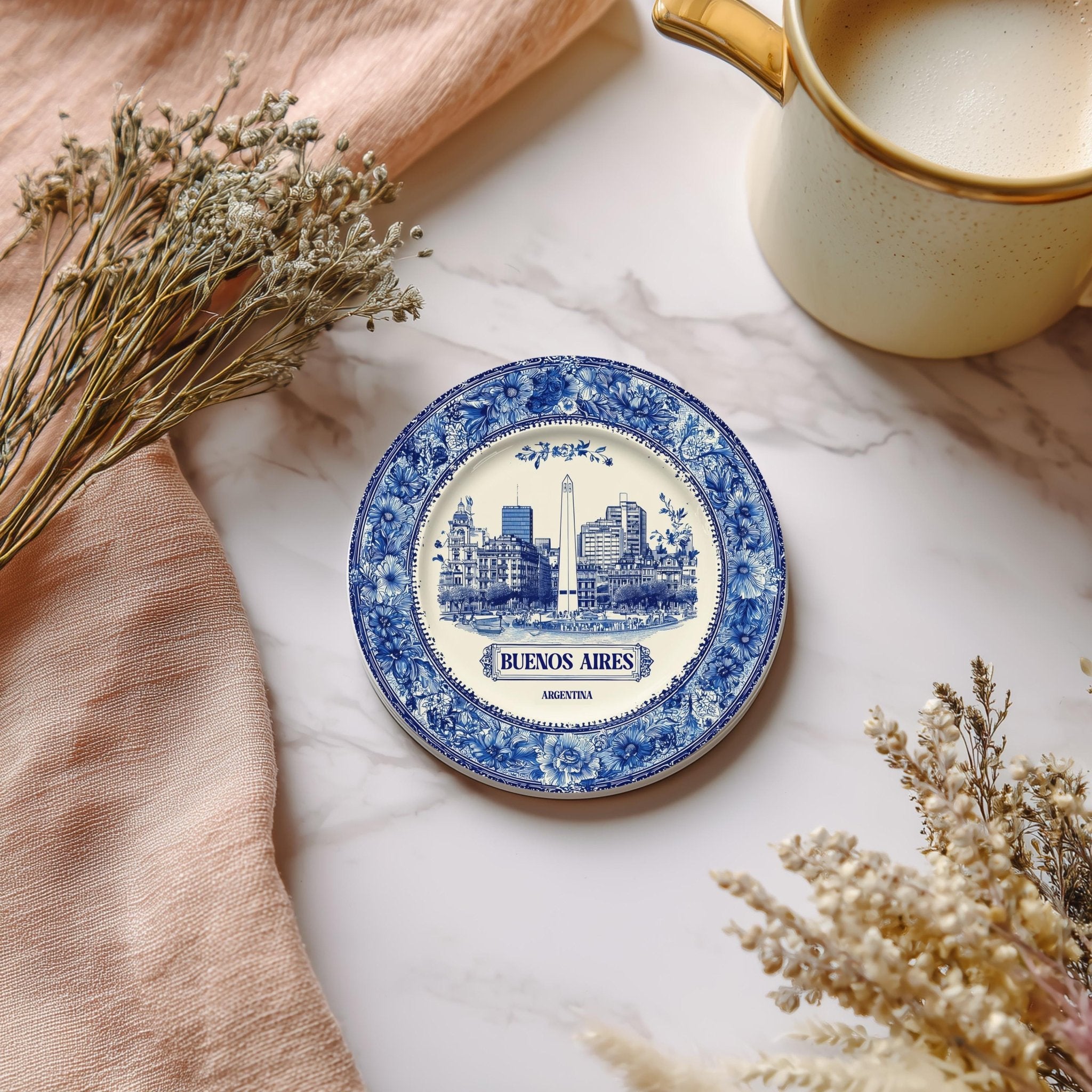 Buenos Aires Argentina Delftware Ceramic Coaster, Blue White Travel Gift, Vintage Home Decor Collectible - CuteBeePix