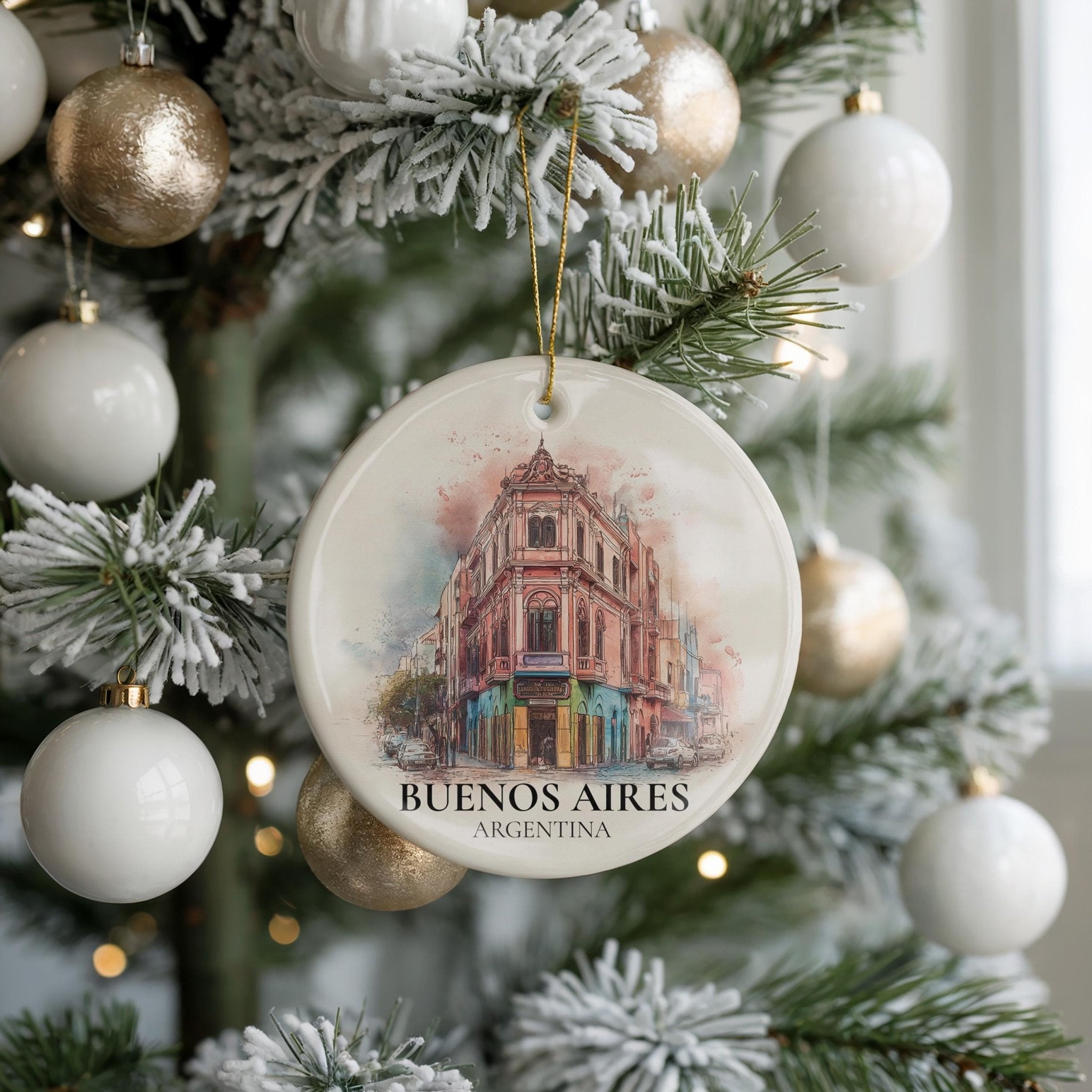 Buenos Aires Argentina Personalized Watercolor Ornament, Custom Ceramic Christmas gift, Travel Keepsake - CuteBeePix