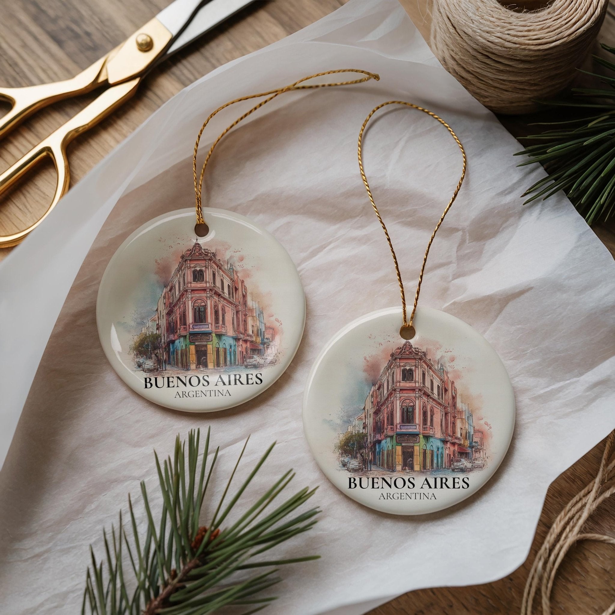Buenos Aires Argentina Personalized Watercolor Ornament, Custom Ceramic Christmas gift, Travel Keepsake - CuteBeePix