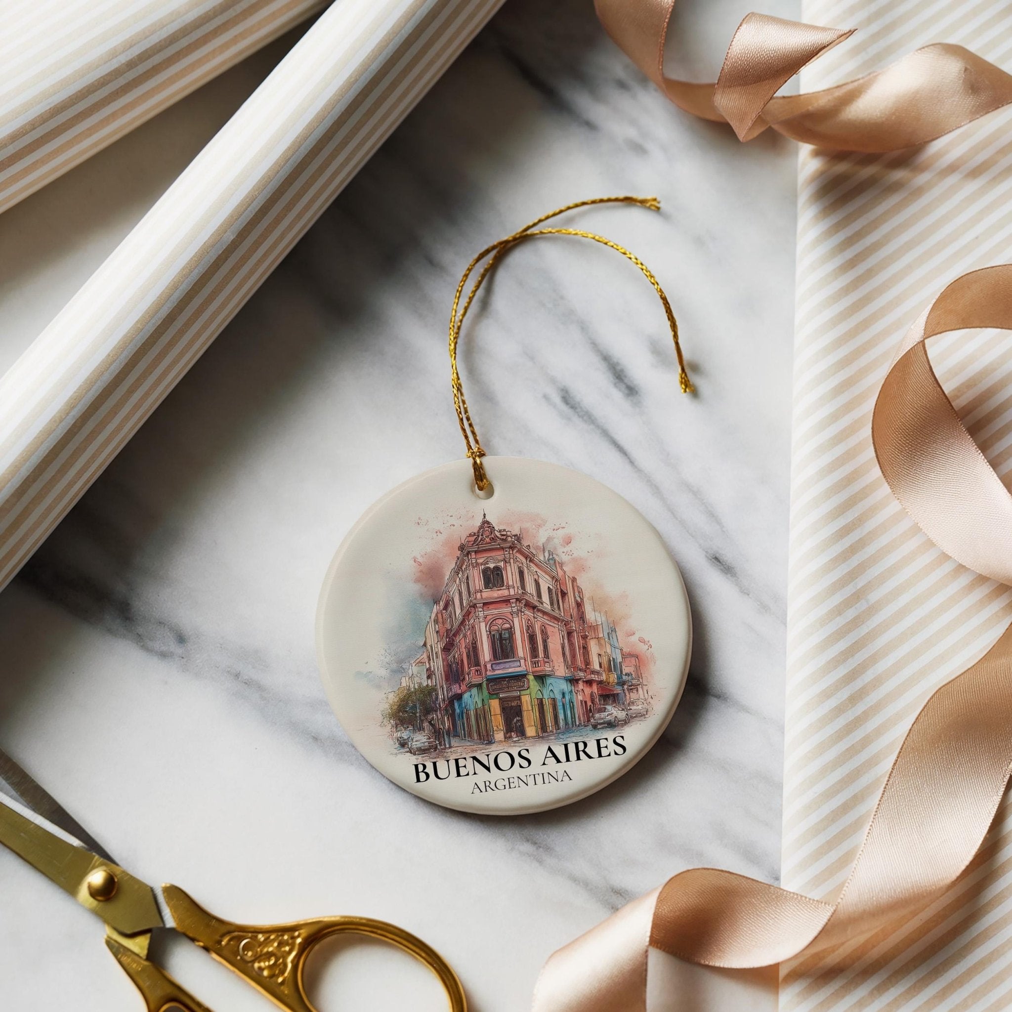 Buenos Aires Argentina Personalized Watercolor Ornament, Custom Ceramic Christmas gift, Travel Keepsake - CuteBeePix